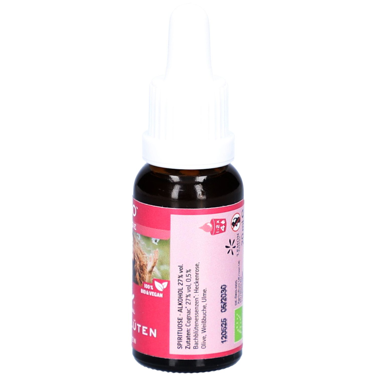 Braune Glasflasche mit weißem Tropfer. Etikett mit Inhaltsstoffen und Bio-Siegel. "BACHBLÜTEN".