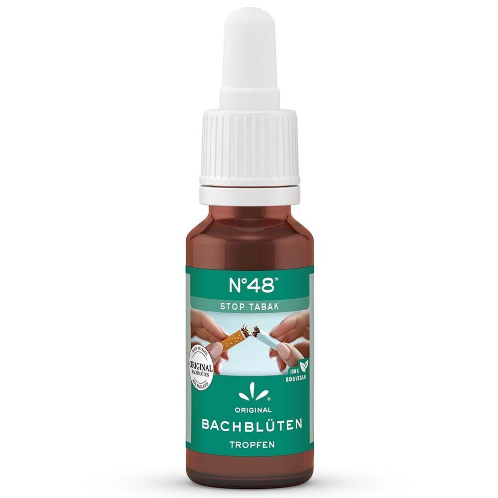 Braune Glasflasche mit weißem Tropfer. Etikett mit Text und Abbildung einer zerbrochenen Zigarette. Grün-weißes Design.