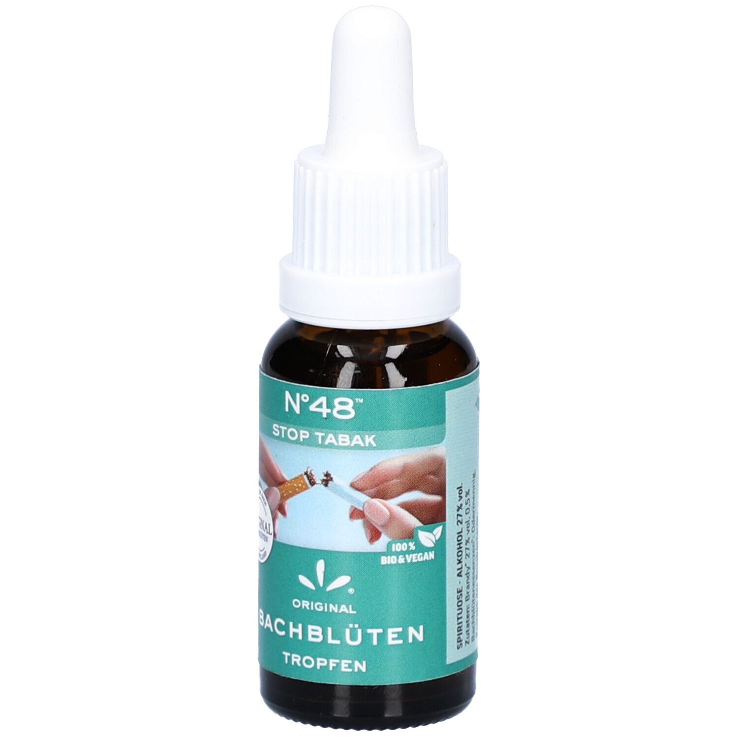 Braune Glasflasche mit weißem Verschluss. Aufschrift: N°48 STOP TABAK, BACHBLÜTEN Tropfen. Abbildung: Zigarette wird zerbrochen. 20ml.
