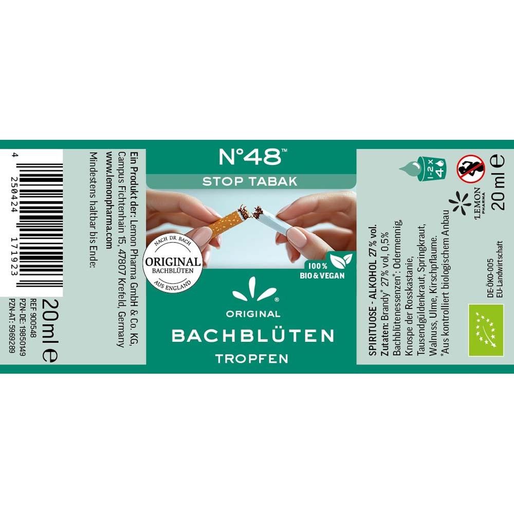 Etikett mit Produktinformationen. Text: N°48 Stop Tabak, Original Bachblüten Tropfen. Enthält Zutaten und Zertifizierungen.