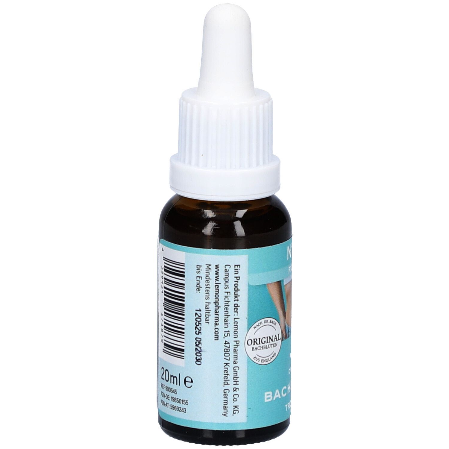Braune Glasflasche mit weißem Tropfer. Aufschrift: N°45 FIGURA, ORIGINAL BACHBLÜTEN Tropfen. 20ml. Mindestens haltbar bis 05/2030.