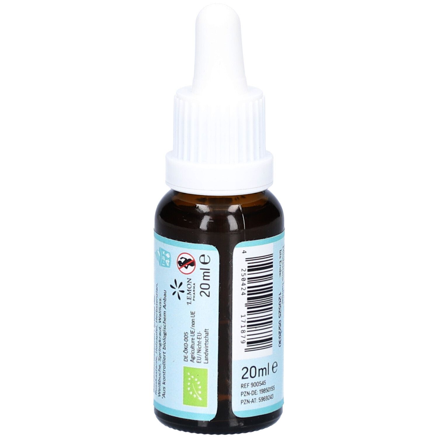 Braune Glasflasche mit weißem Tropfer. Aufschrift: N°45 FIGURA, ORIGINAL BACHBLÜTEN Tropfen. 20ml. Bio-Siegel.
