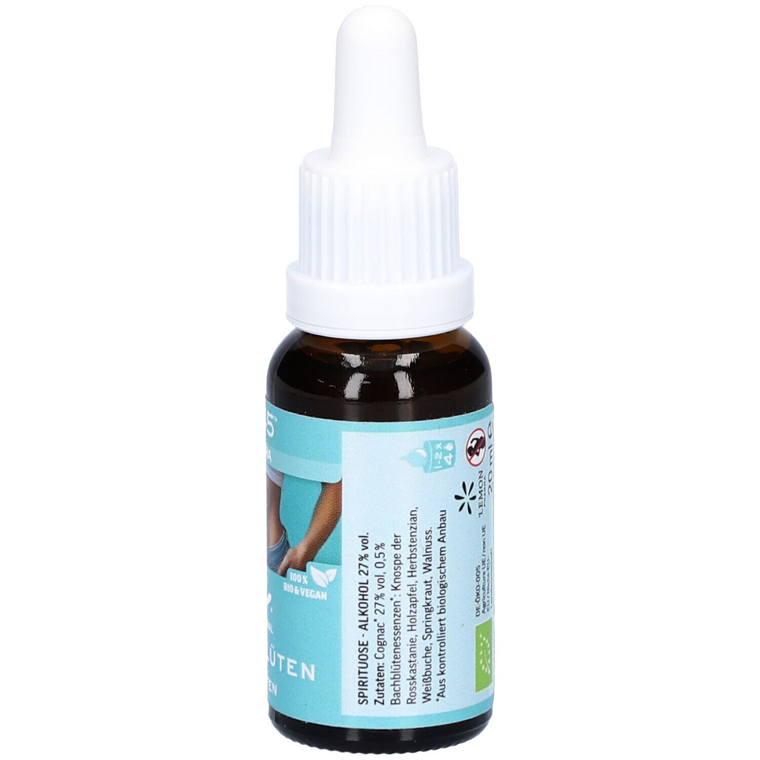Braune Glasflasche mit weißem Tropfer. Aufschrift: N°45 FIGURA, ORIGINAL BACHBLÜTEN Tropfen. 20ml. Spirituose, 27% Vol. Alkohol.