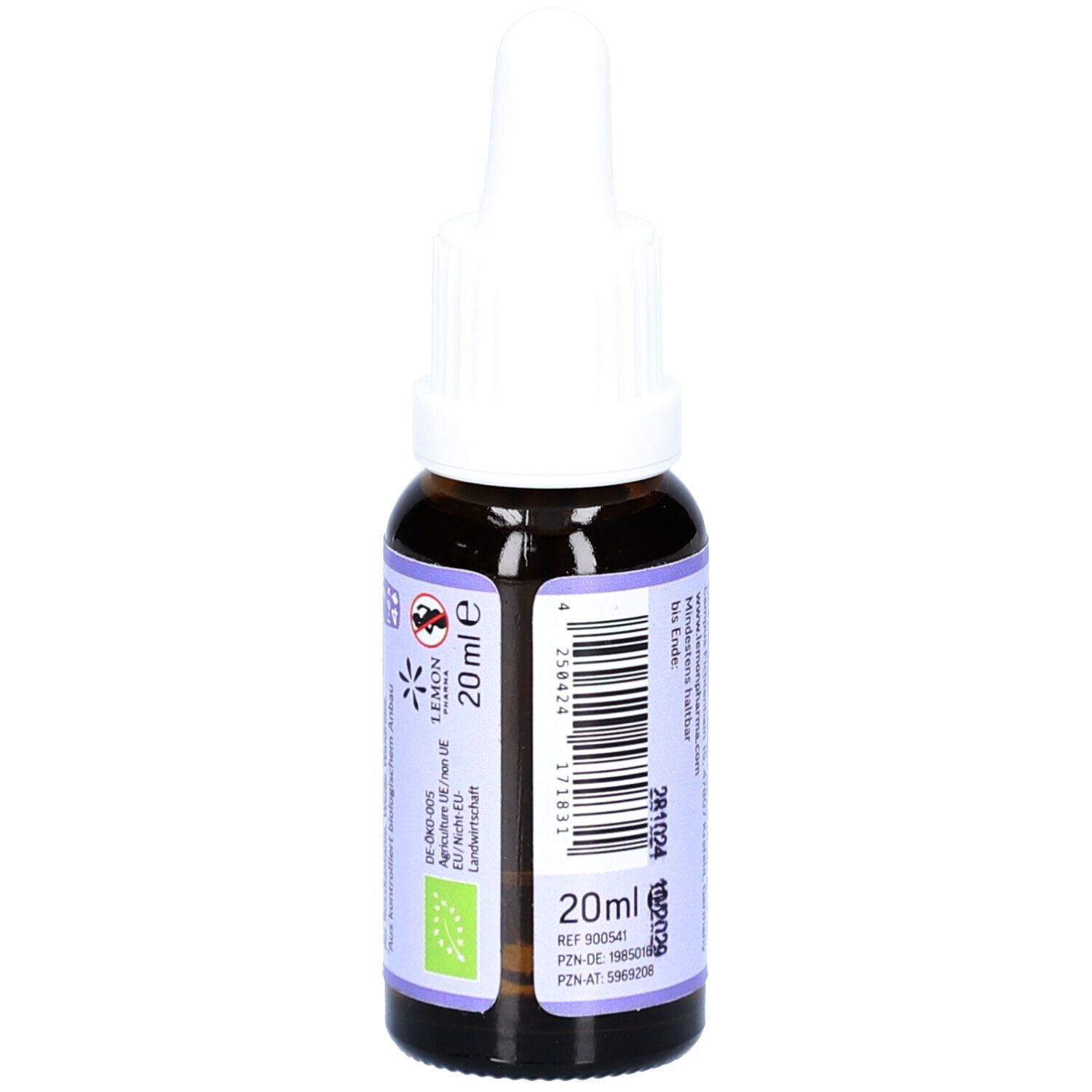 Braune Glasflasche mit weißem Tropfer. Lila Etikett mit Text: 20ml, Nr.41 FOCUS, Bachblüten Tropfen. Bio-Siegel.