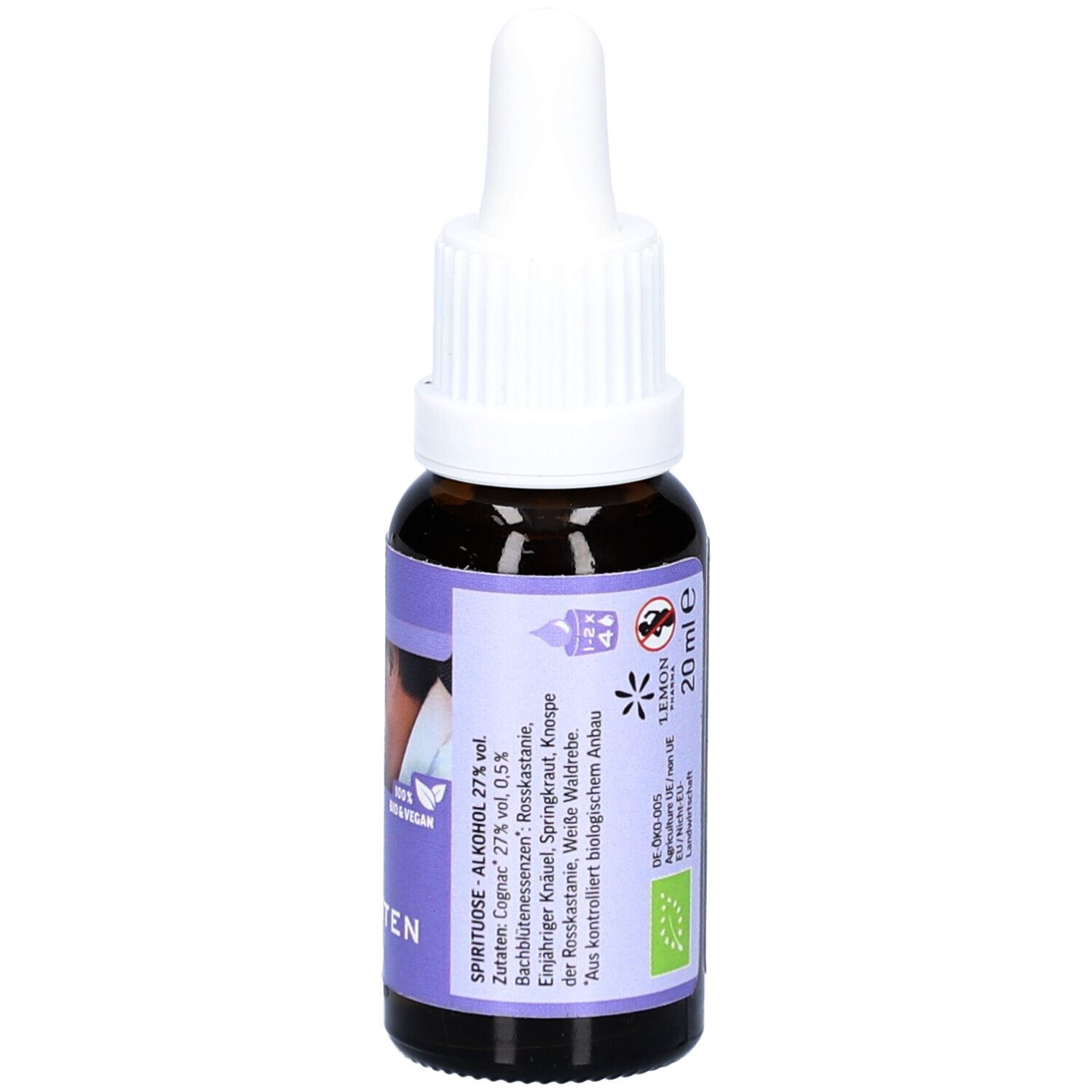 Braune Glasflasche mit weißem Tropfer. Lila Etikett mit Text: Nr.41 FOCUS, Bachblüten Tropfen. Inhaltsstoffe, Bio-Siegel, 20ml.