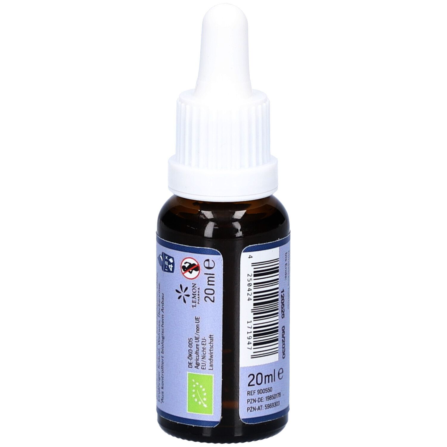 Braune Glasflasche mit weißem Deckel. Etikett mit Informationen, 20ml. Bio-Siegel. Herstellerinformationen.