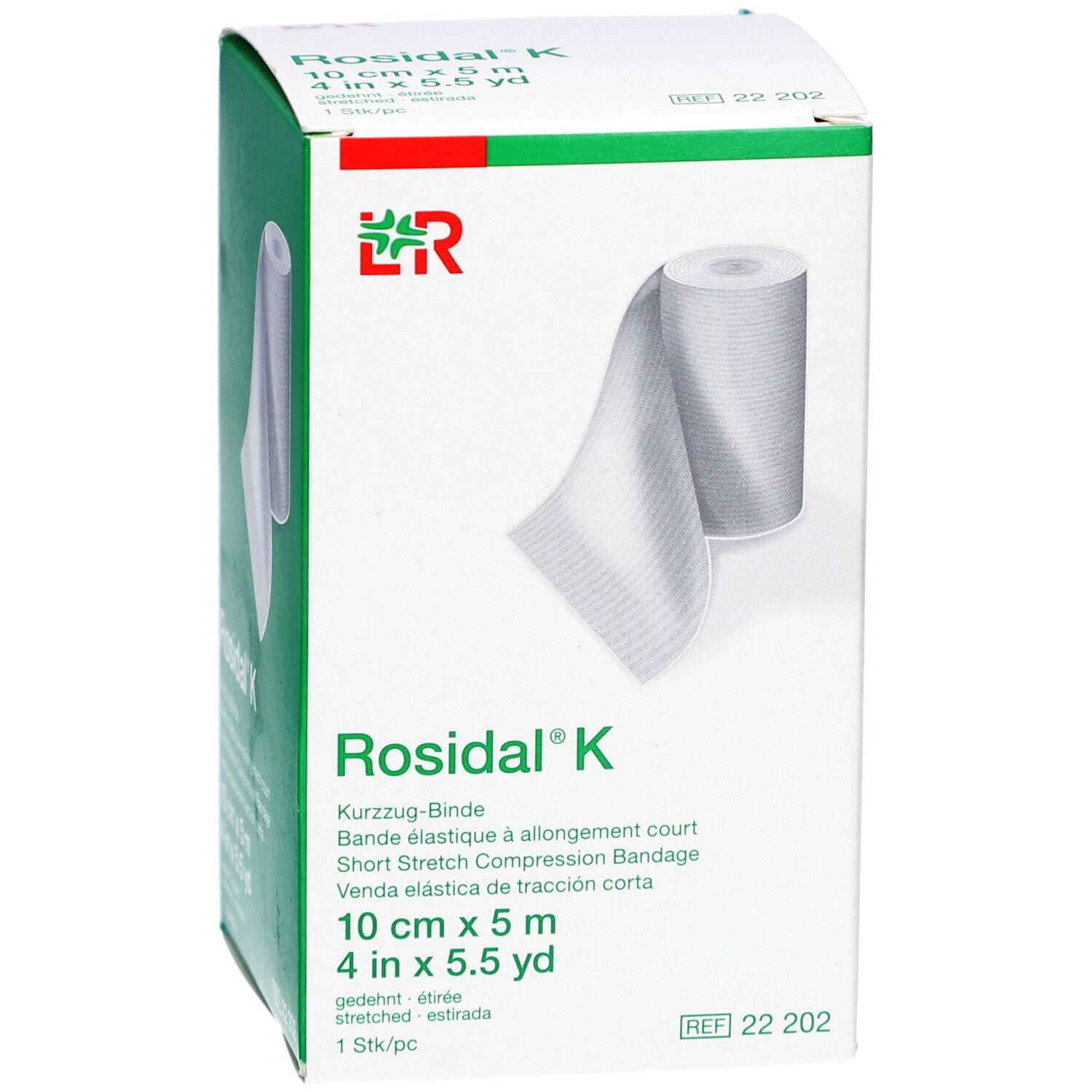 Rosidal® K Kurzzug-Binde, 10 cm x 5 m, in Verpackung. Weißes Verbandsmaterial, grüne und rote Akzente.