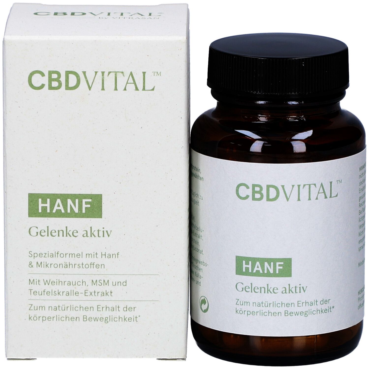 Braune Glasflasche und Schachtel. Aufkleber und Schachtel mit CBDVITAL, HANF, Gelenke aktiv. Text und Logo.