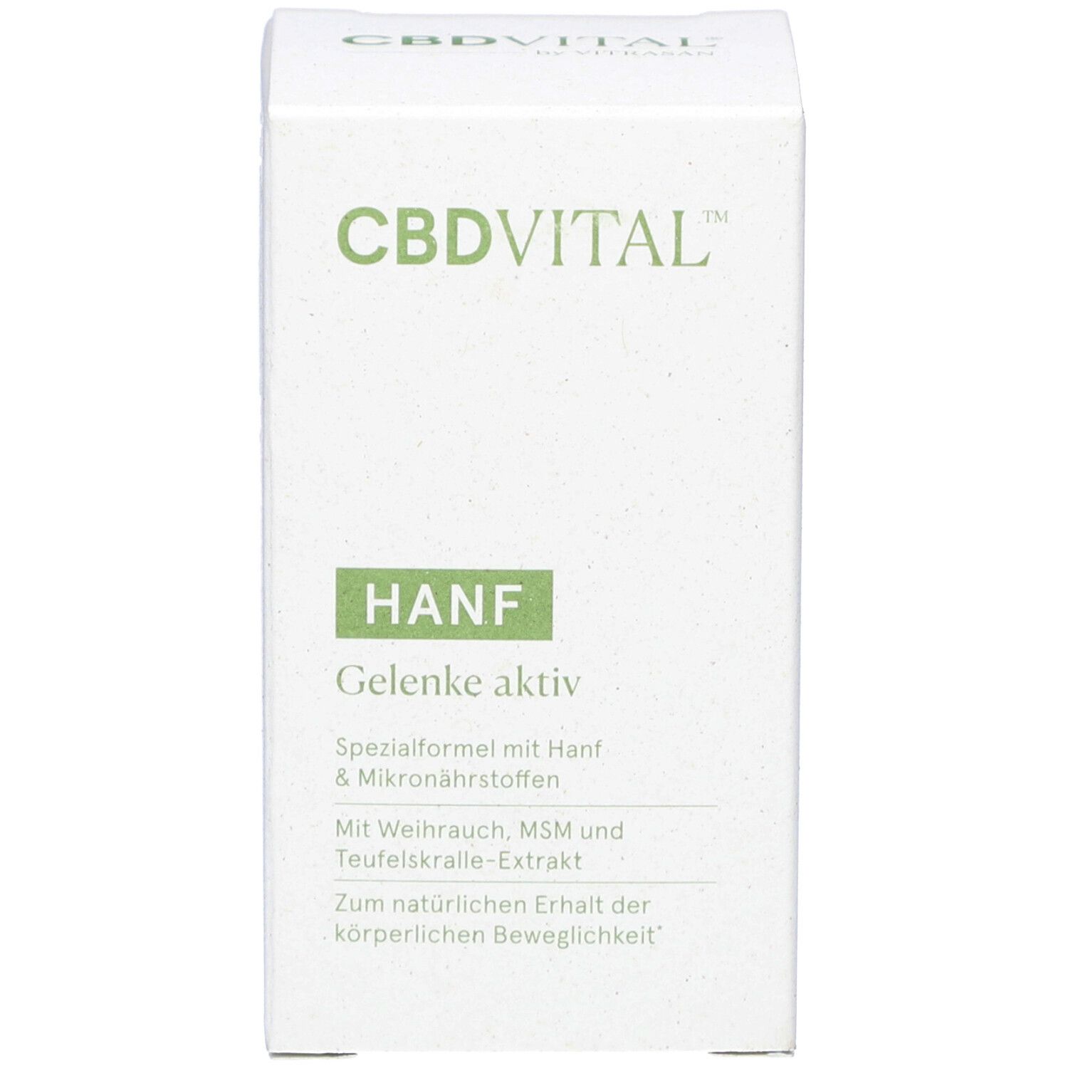 Weiße Schachtel mit CBDVITAL, HANF, Gelenke aktiv. Text und Logo. Grün und weiß.