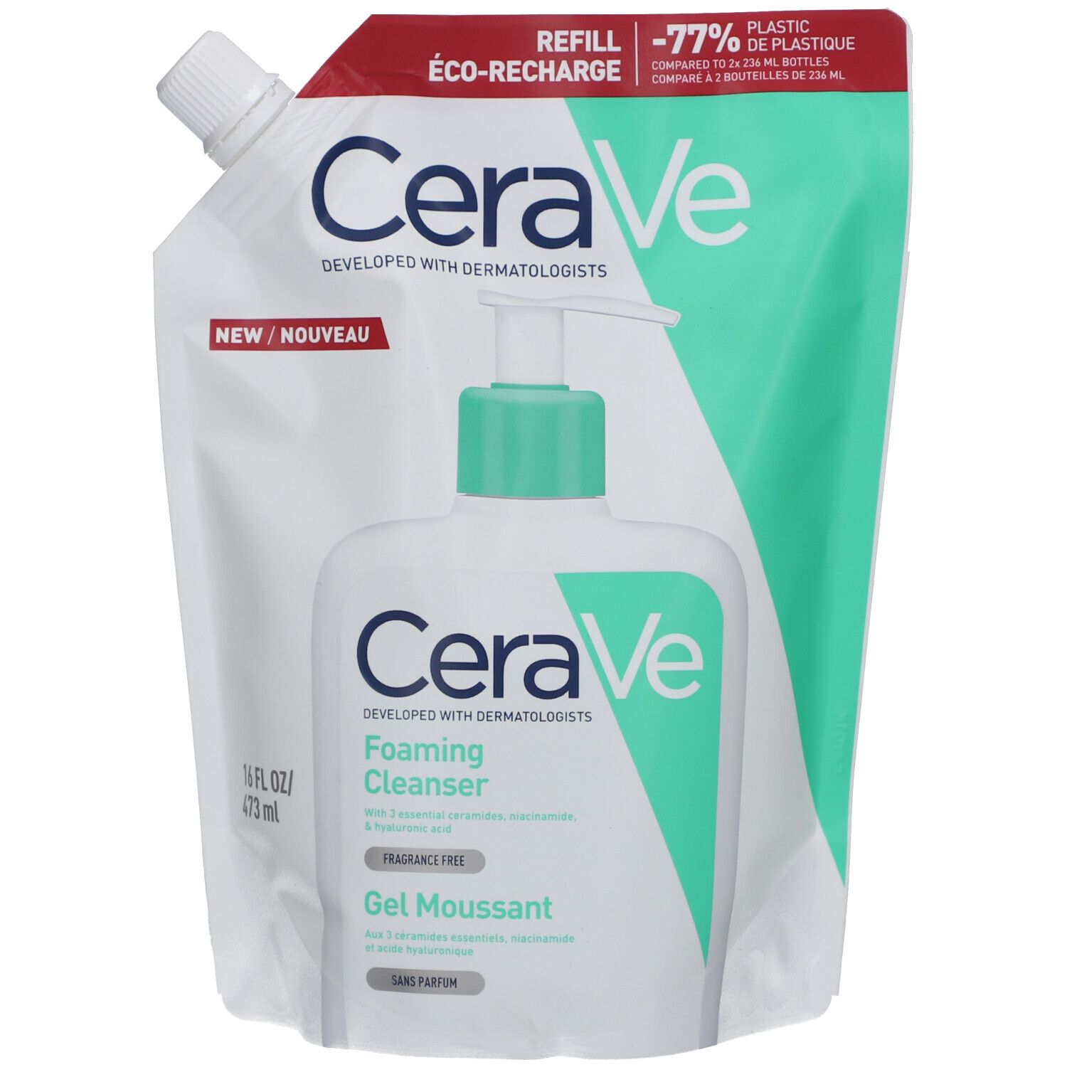 Nachfüllpackung CeraVe Schäumendes Reinigungsgel. Weiße Verpackung mit grünem Akzent. Produktname und Logo sichtbar.