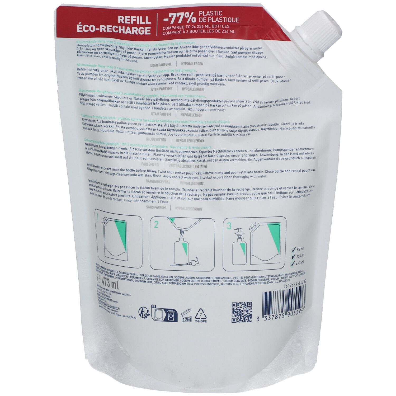 Rückseite der CeraVe Nachfüllpackung. Weiße Verpackung mit Text und Illustrationen. Produktname und Füllanleitung.