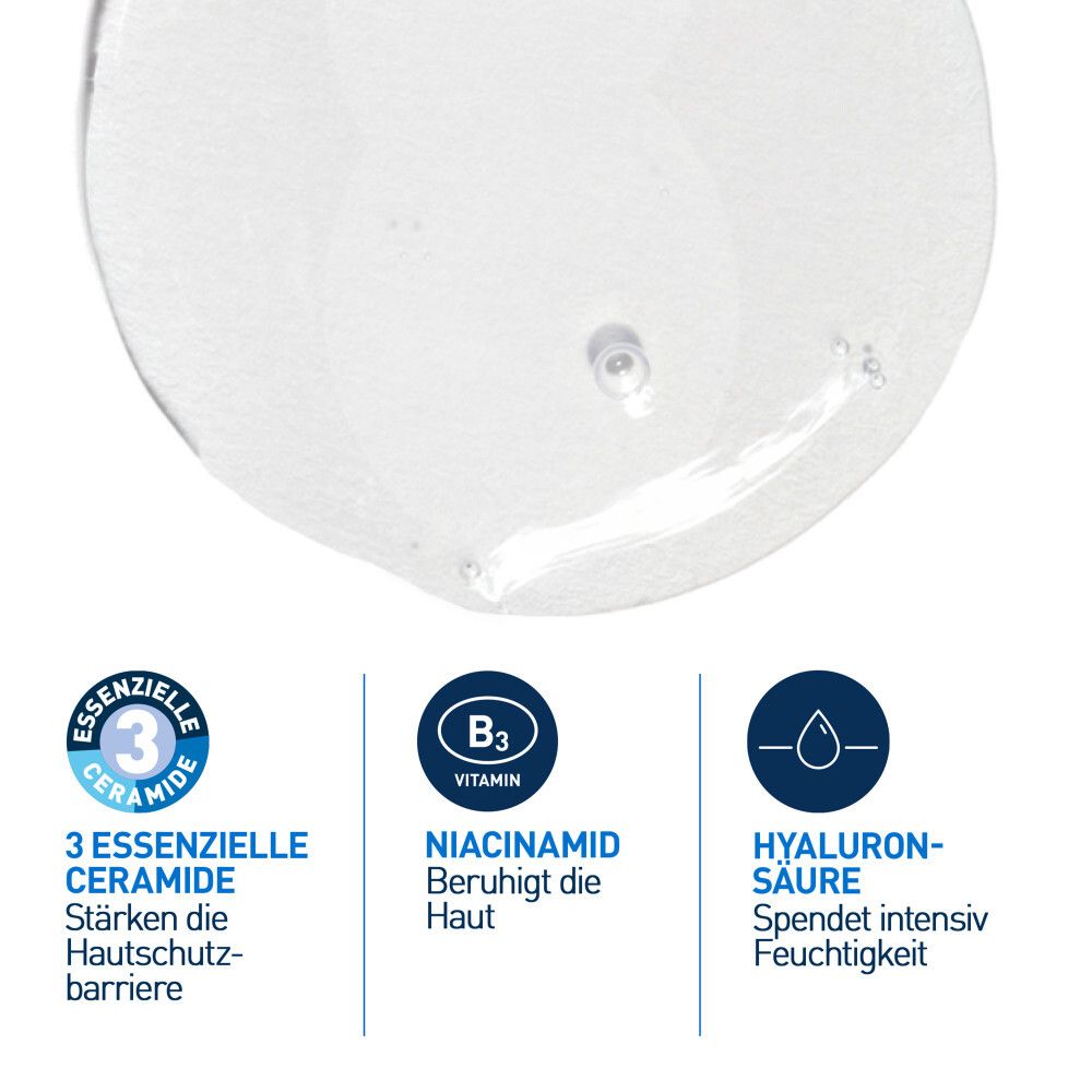 Nahaufnahme: 3 essenzielle Ceramide, Vitamin B3 (Niacinamid) und Hyaluronsäure. Weiße Hintergrund.