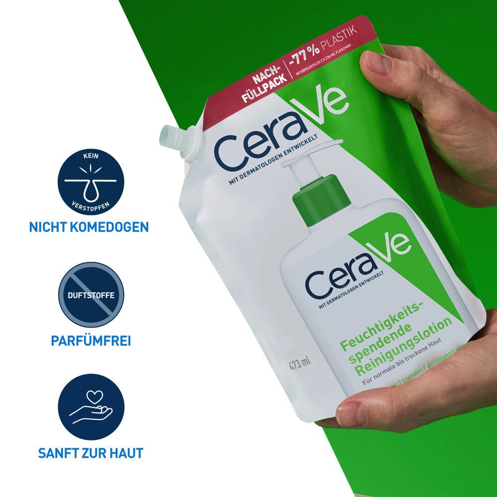 CeraVe® Nachfüllpack. Beutel in Hand. Nicht komedogen, parfümfrei, sanft zur Haut. Grüner Hintergrund.