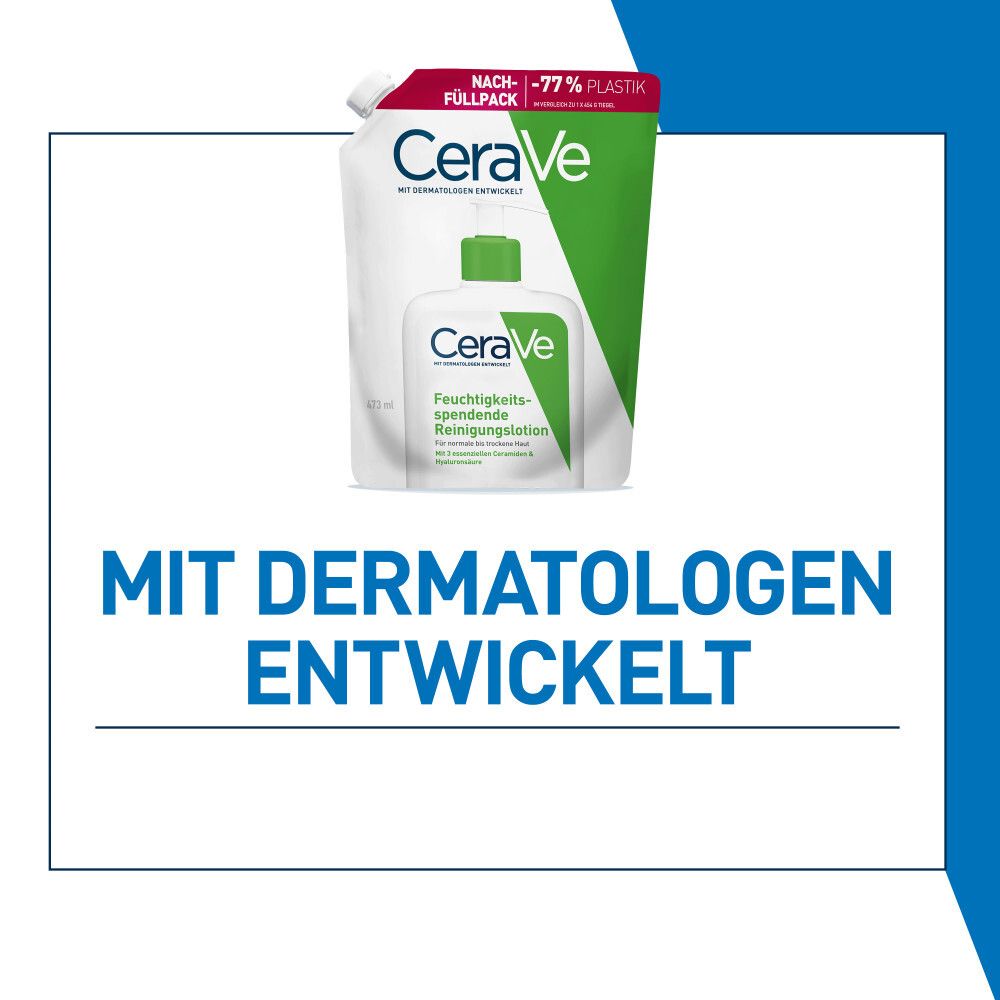 CeraVe® Nachfüllpack und Flasche. Mit Dermatologen entwickelt. Blauer Hintergrund.