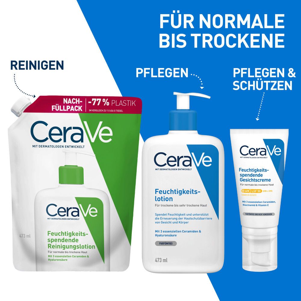 CeraVe® Produkte: Nachfüllpack, Lotion, Gesichtscreme. Für normale bis trockene Haut. Weißer Hintergrund.