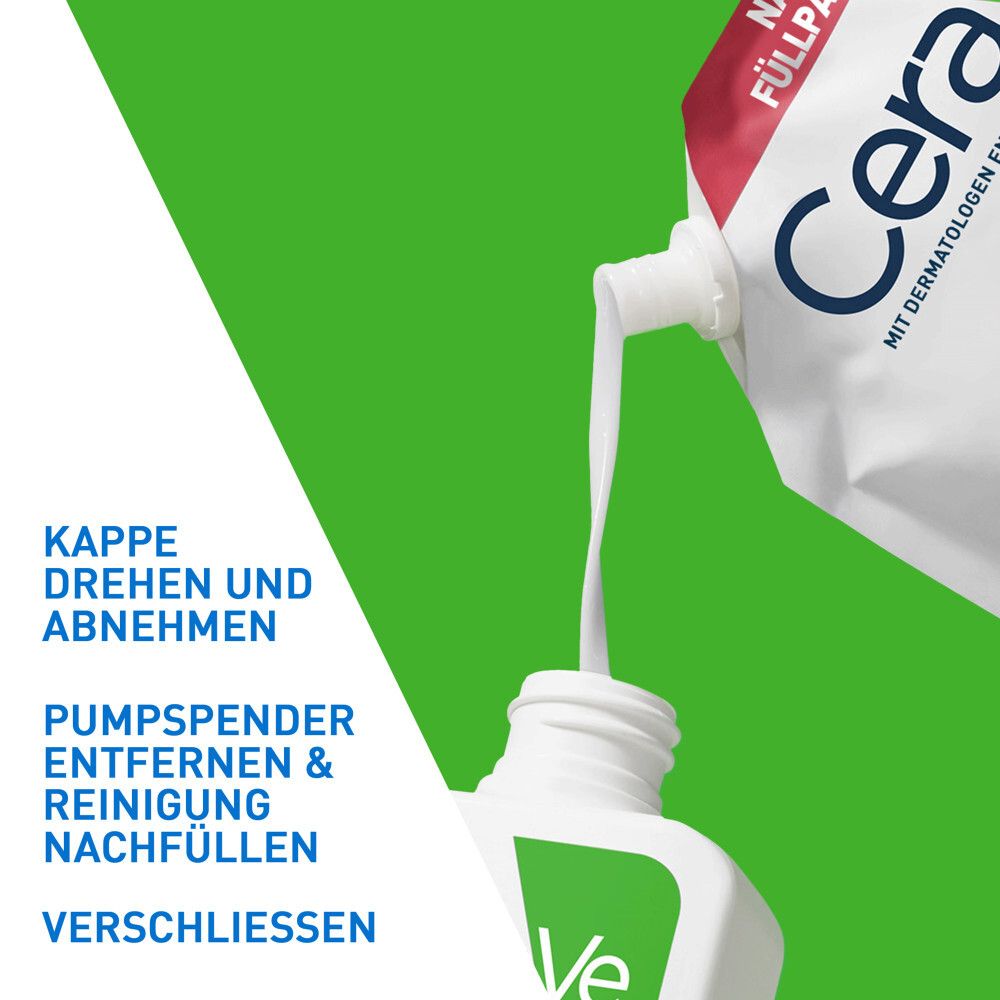 Anleitung zum Nachfüllen der CeraVe® Flasche. Kappe drehen, Pumpspender entfernen, nachfüllen, verschließen.