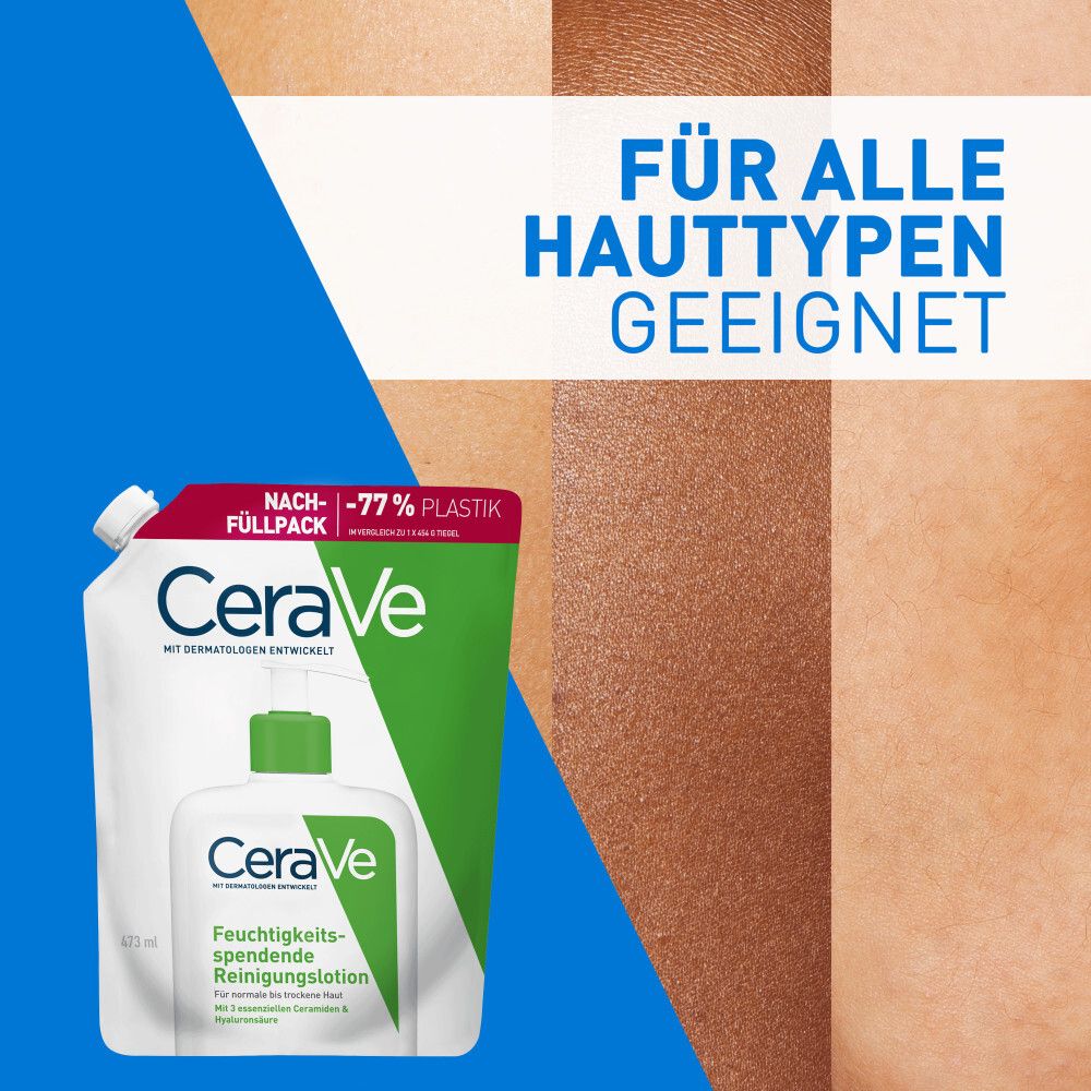 CeraVe® Nachfüllpack und Flasche. Für alle Hauttypen geeignet. Hautbeispiele. Grüner Hintergrund.