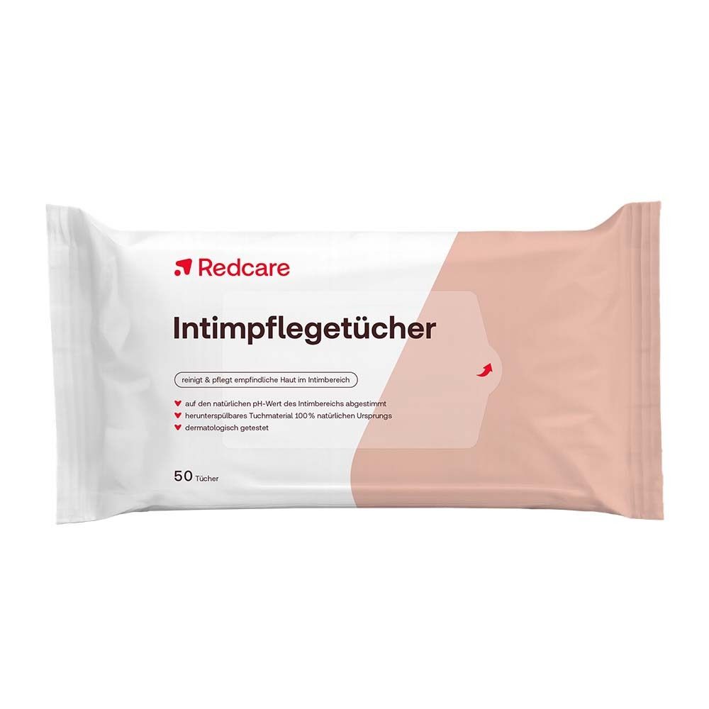 Weiche Packung mit Intimpflegetüchern. Aufschrift: Redcare Intimpflegetücher. 50 Tücher. Rosa-weißes Design.