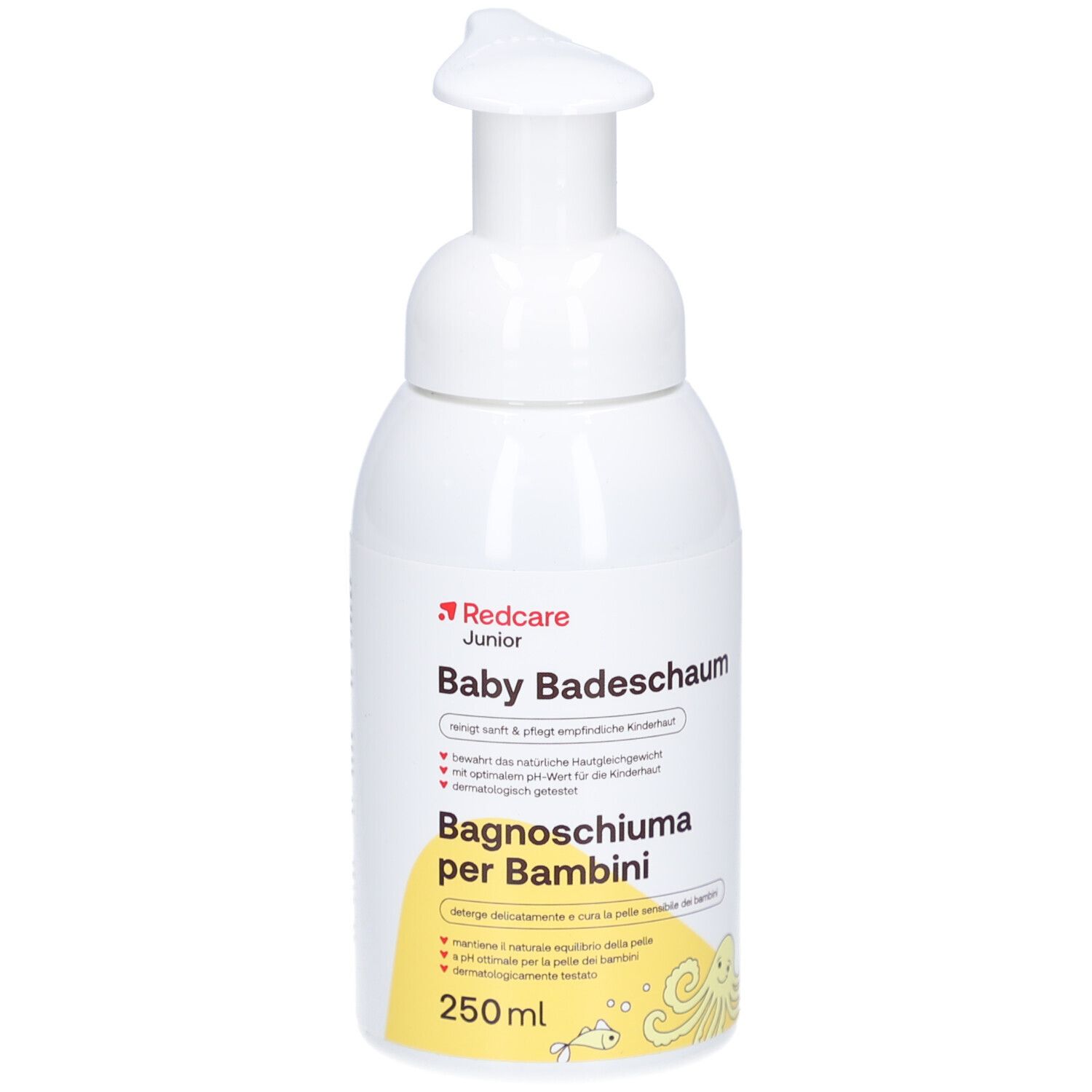 Weiße Flasche mit Pumpverschluss. Aufschrift: Redcare Junior Baby Badeschaum, Badeschaum für Babys, 250ml.