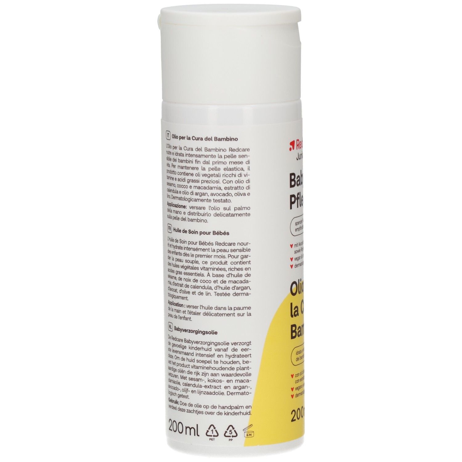 Infografik: Redcare Junior Baby Pflegeöl. Spendet Feuchtigkeit & pflegt empfindliche Kinderhaut. Anwendung: Öl auf Handfläche geben.