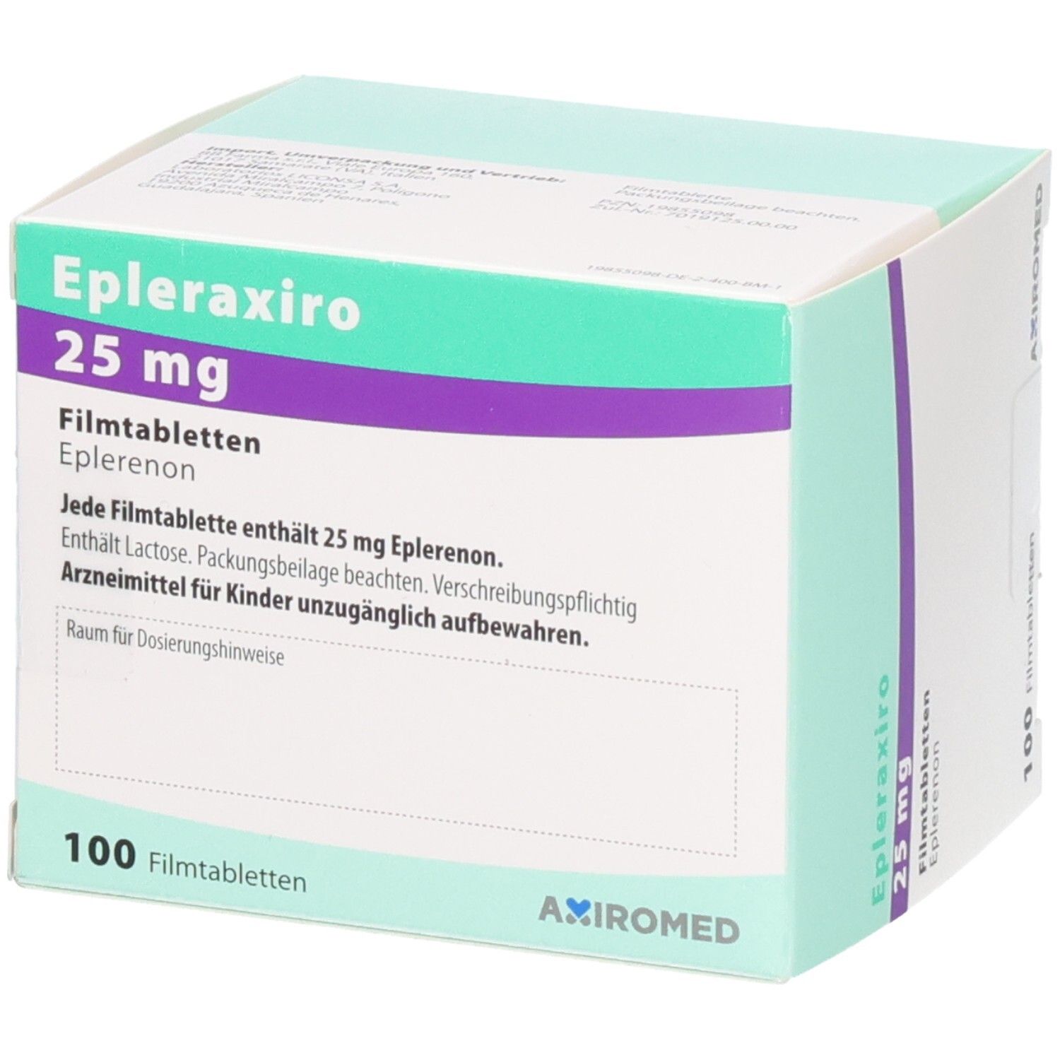 Schachtel mit EPLERAXIRO 25 mg Filmtabletten. Aufschrift: 25 mg, Filmtabletten, 100 Filmtabletten. Herstellerlogo.