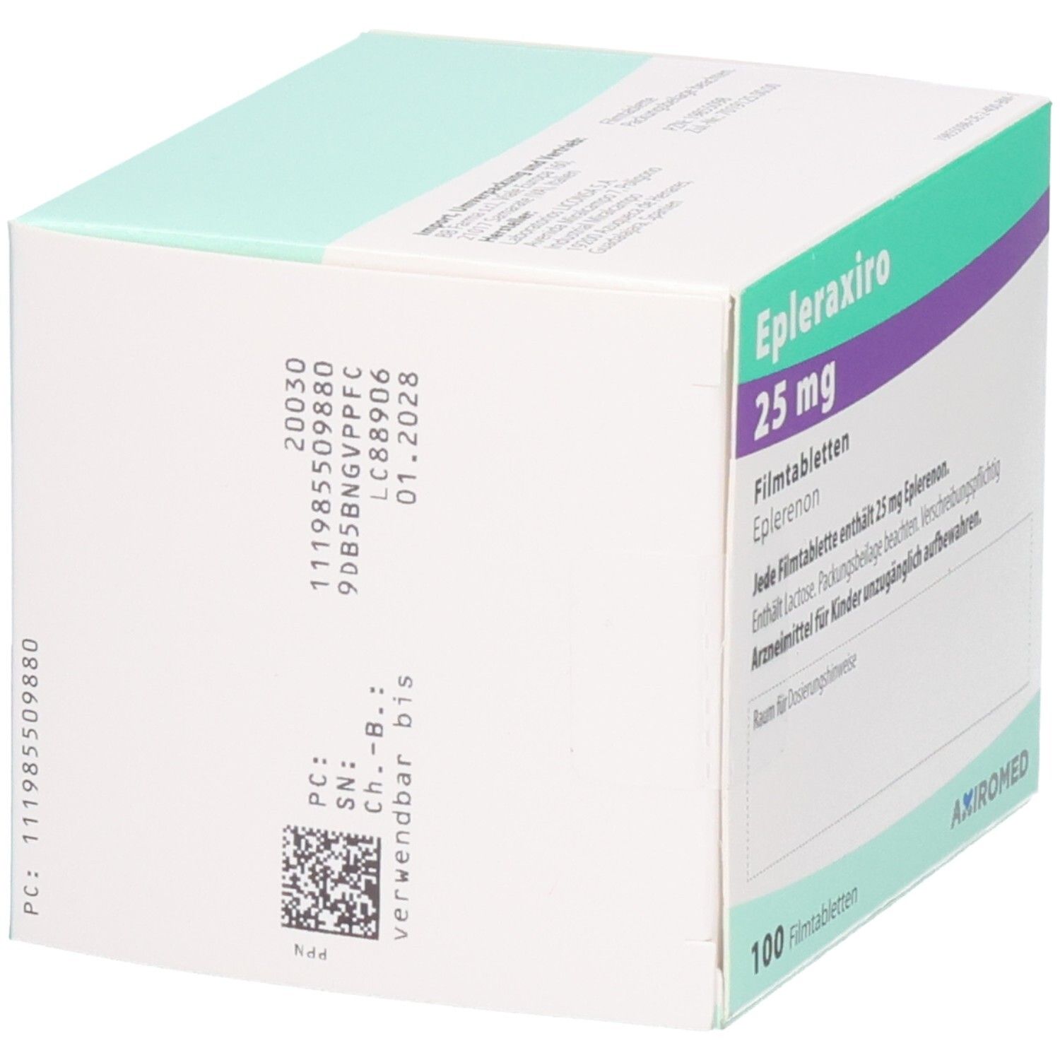 Seitenansicht der Schachtel mit EPLERAXIRO 25 mg Filmtabletten. Aufschrift: 25 mg, 100 Filmtabletten. Herstellerlogo. Barcode und Chargennummer.