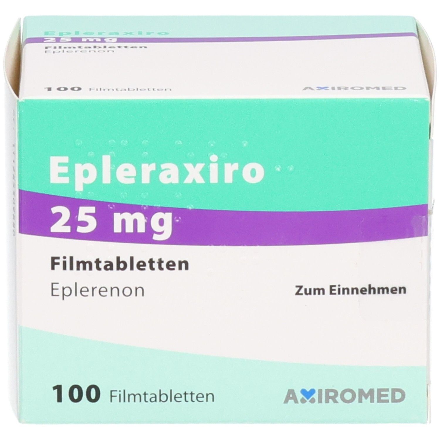 Geöffnete Schachtel mit EPLERAXIRO 25 mg Filmtabletten. Aufschrift: 25 mg, Filmtabletten, 100 Filmtabletten. Herstellerlogo.