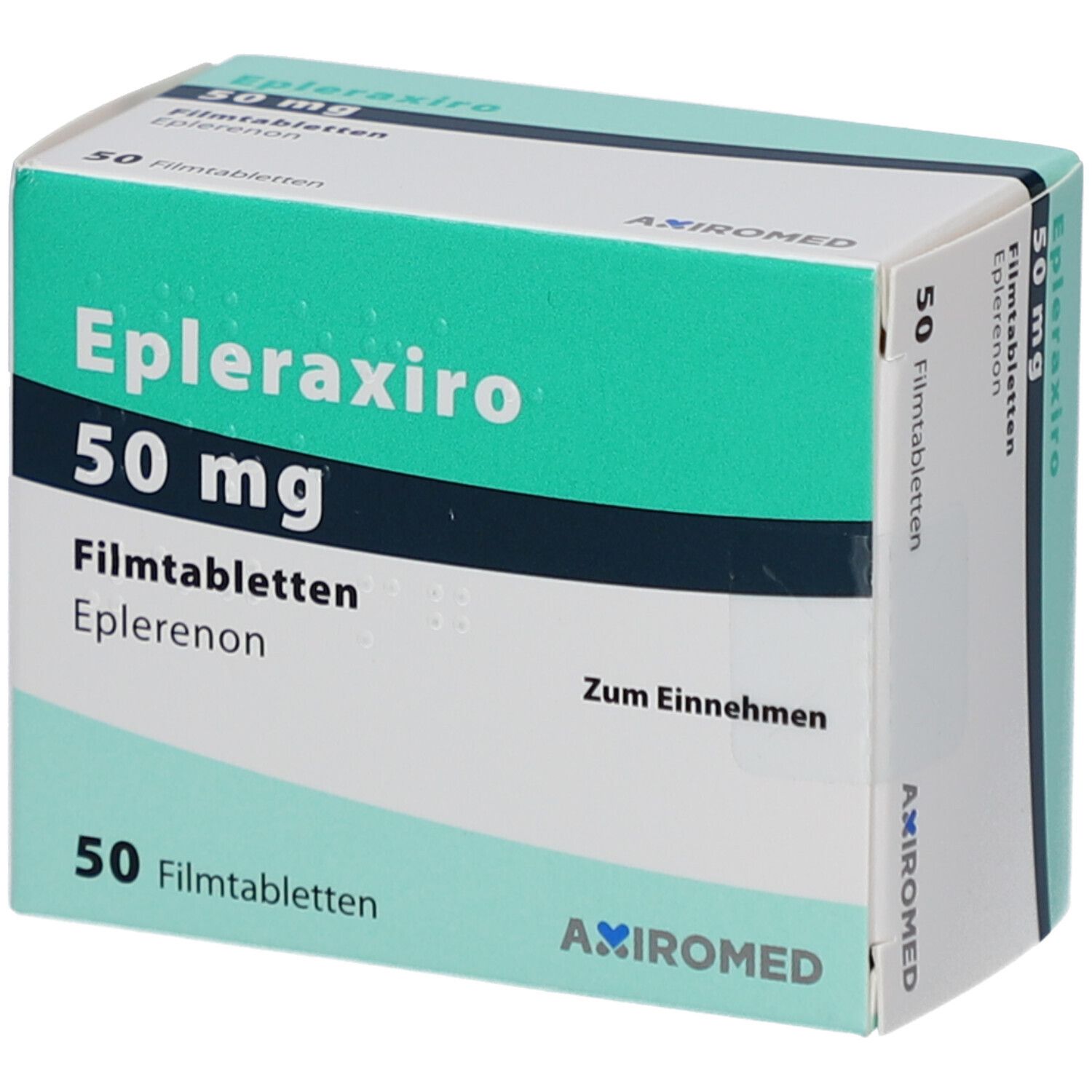 Schachtel mit EPLERAXIRO 50 mg Filmtabletten. Grün-weißes Design, Produktname und Dosierung deutlich sichtbar. 50 Filmtabletten.