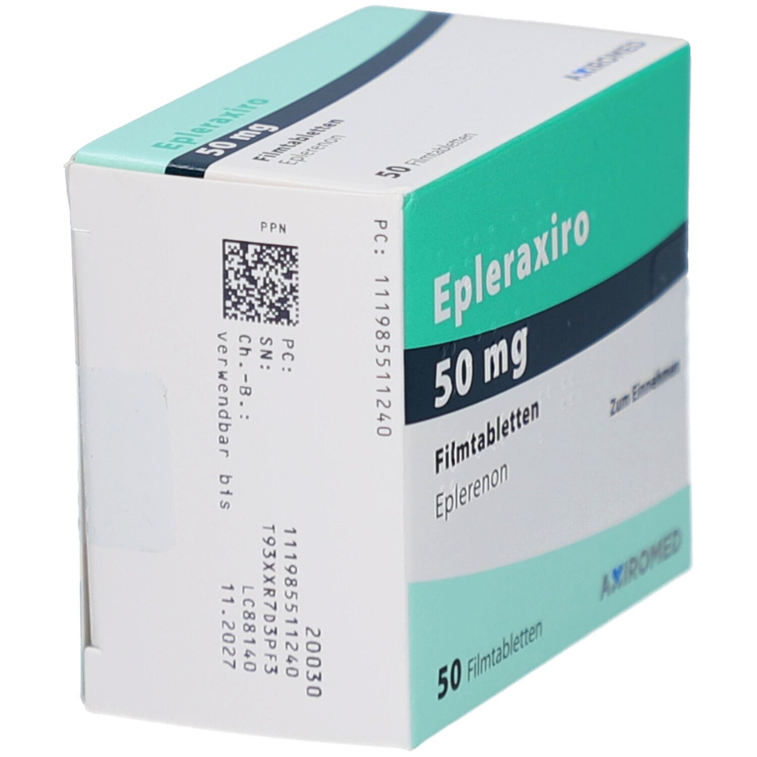 Schachtel EPLERAXIRO 50 mg Filmtabletten. Seitenansicht, Produktinformationen und Chargennummer sichtbar. 50 Filmtabletten.