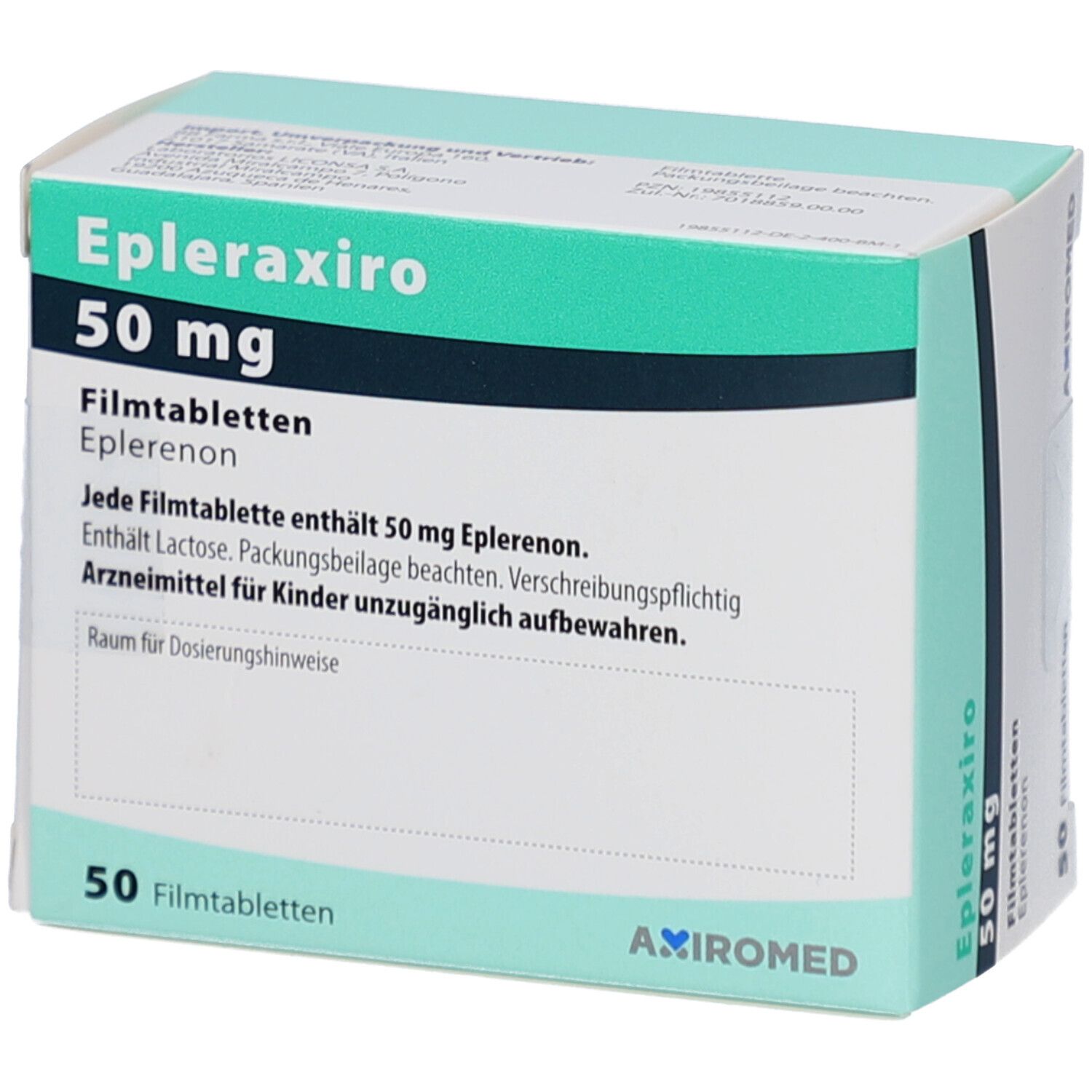 Schachtel EPLERAXIRO 50 mg Filmtabletten. Produktname, Dosierung und Inhaltsangaben. 50 Filmtabletten. Text auf Deutsch.