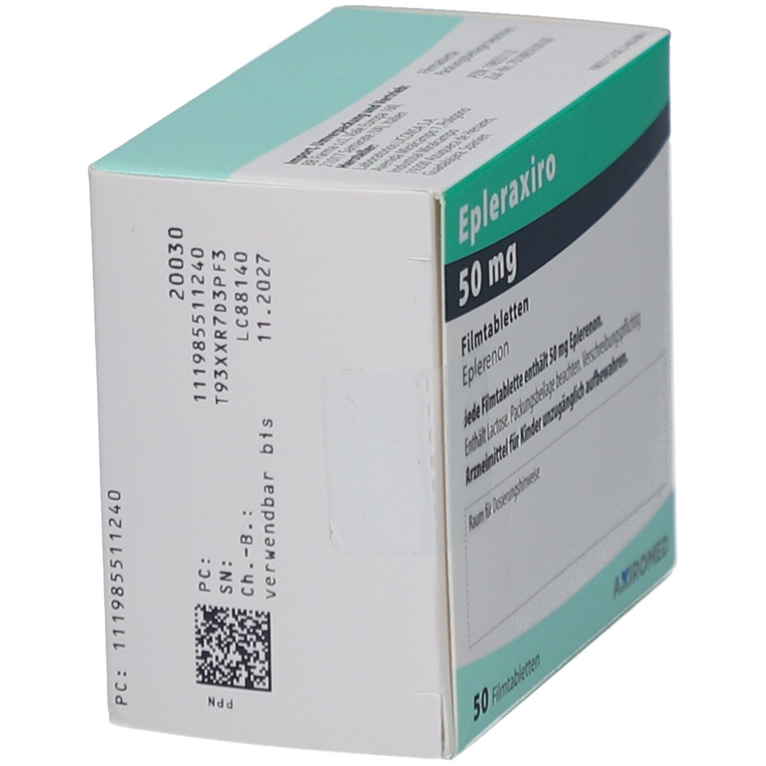 Schachtel EPLERAXIRO 50 mg Filmtabletten. Seitenansicht mit Chargennummer und Verfallsdatum. 50 Filmtabletten.