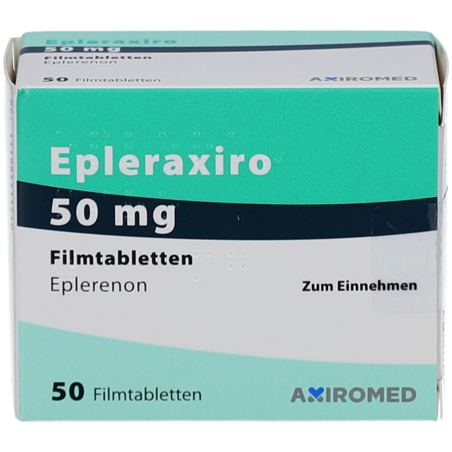 Schachtel EPLERAXIRO 50 mg Filmtabletten. Vorderansicht, Produktname und Dosierung. 50 Filmtabletten. AXIROmed Logo.