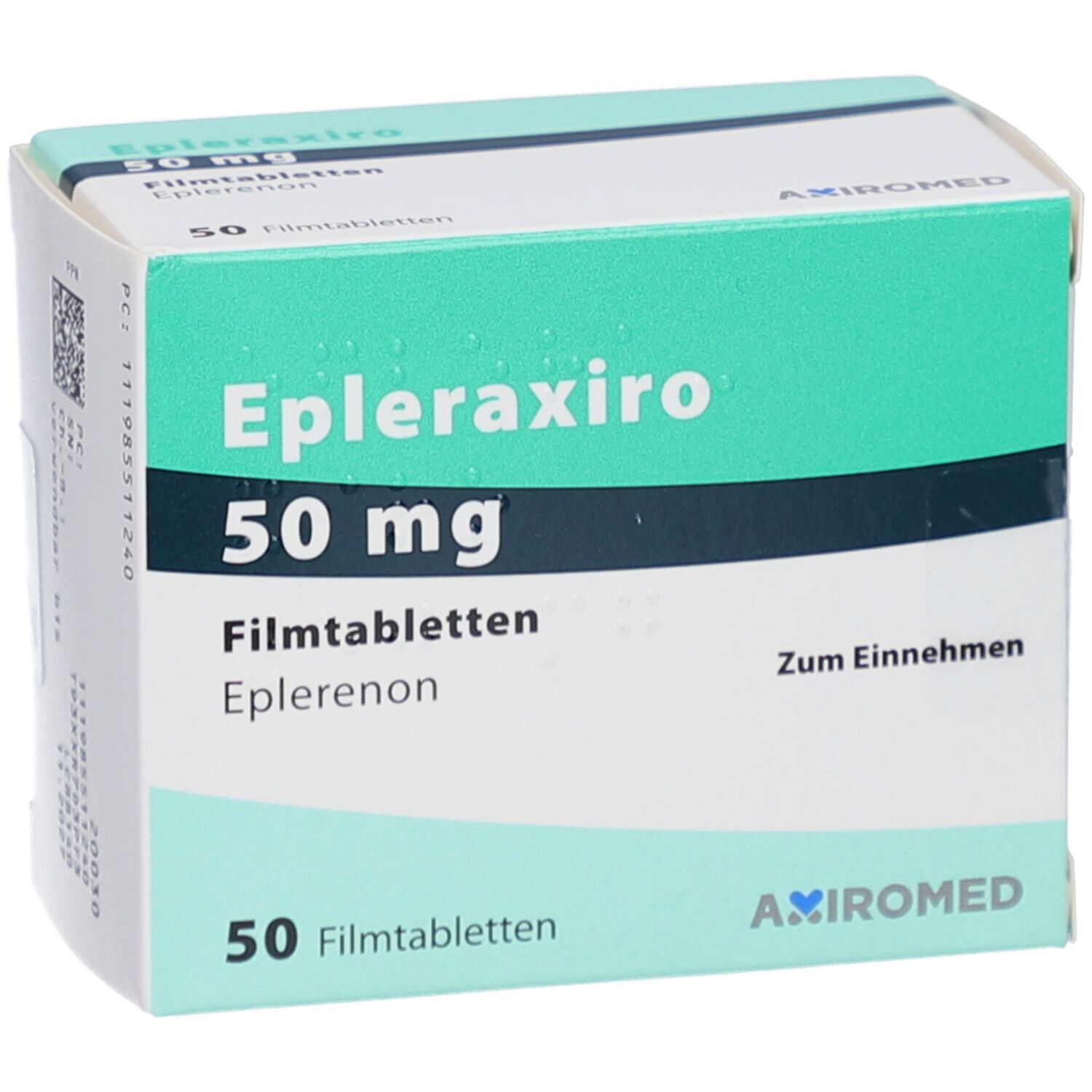 Schachtel EPLERAXIRO 50 mg Filmtabletten. Vorderansicht, Produktname und Dosierung. 50 Filmtabletten. AXIROmed Logo.