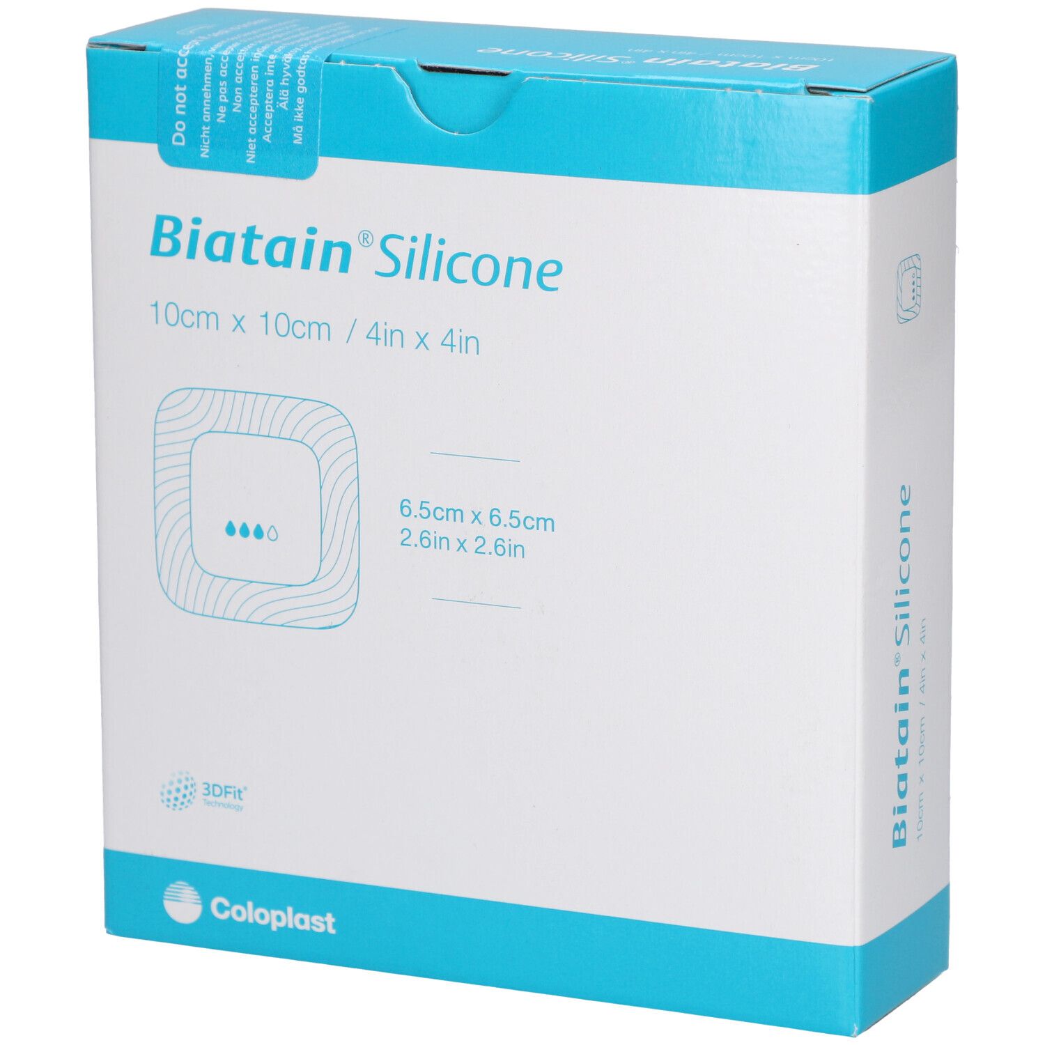 Verpackung von Biatain® Silicone. Quadratische Form, 10 cm x 10 cm. Marke und Produktbezeichnung deutlich sichtbar.