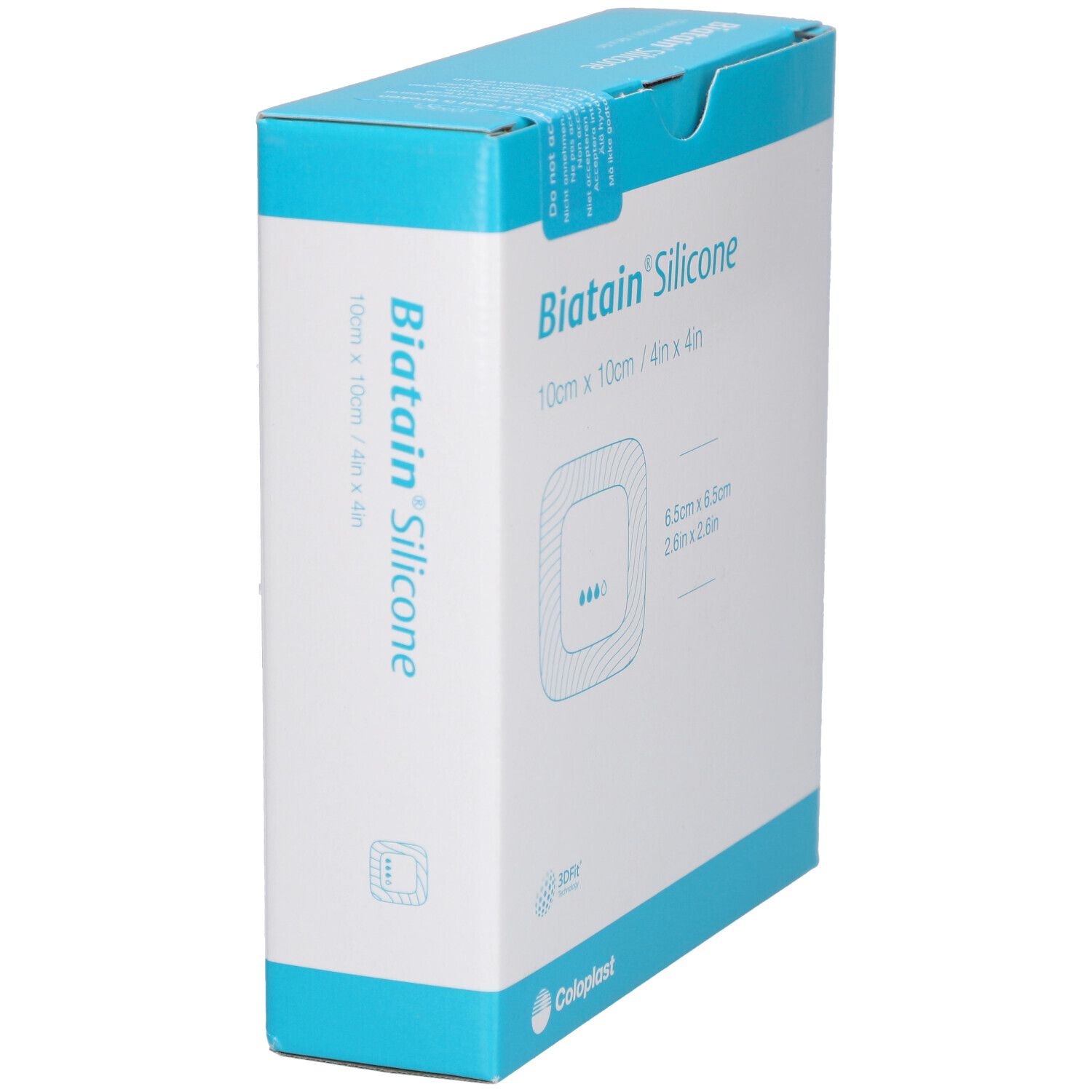 Biatain® Silicone Verpackung, schräg. Quadratisch, 10 cm x 10 cm. Produktname und Marke sichtbar. Blaue und weiße Farbgebung.