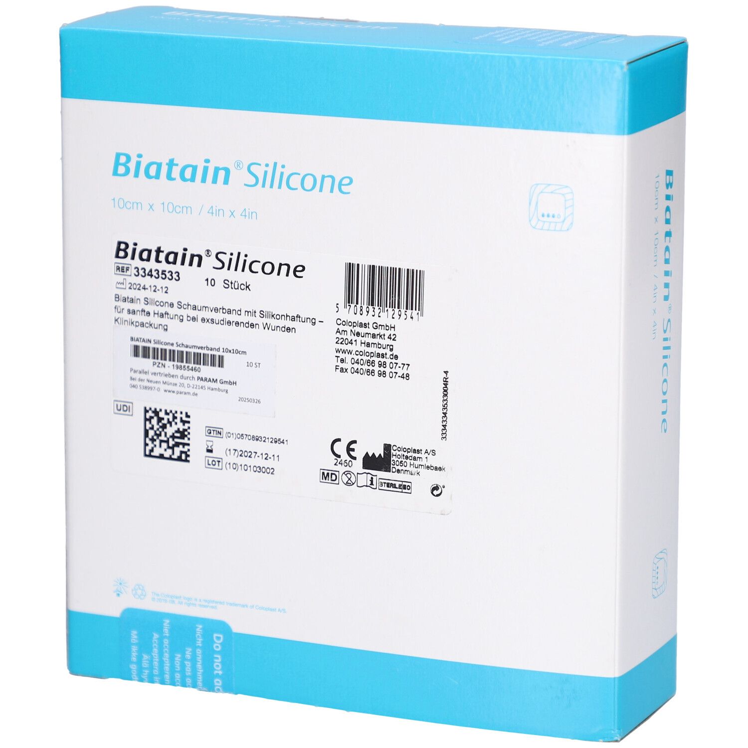 Biatain® Silicone Verpackung, Rückseite. Produktinformationen, Barcode, CE-Kennzeichnung. 10 cm x 10 cm. Blaue und weiße Verpackung.
