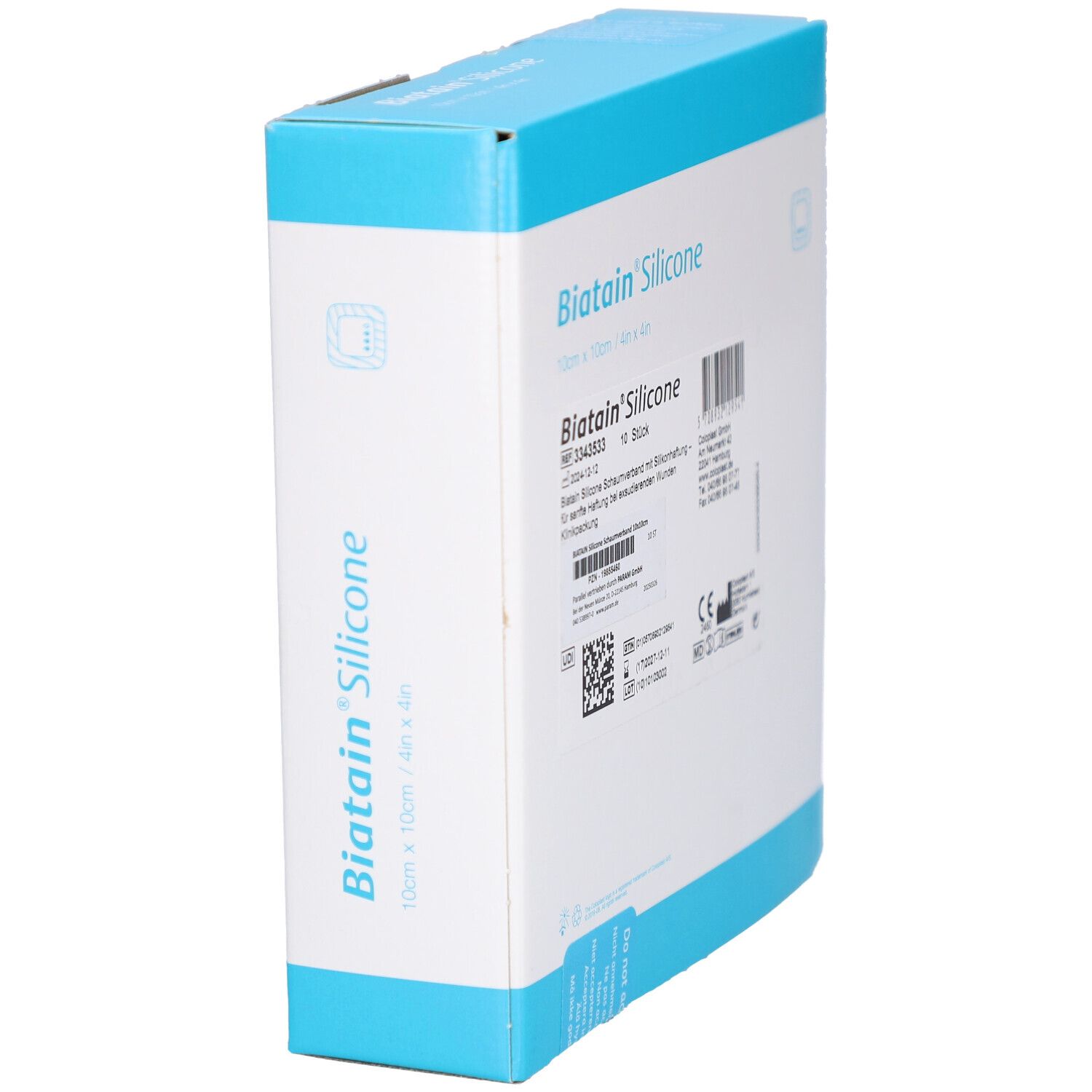 Biatain® Silicone Verpackung, schräg. Produktname und Marke sichtbar. 10 cm x 10 cm. Blaue und weiße Verpackung.