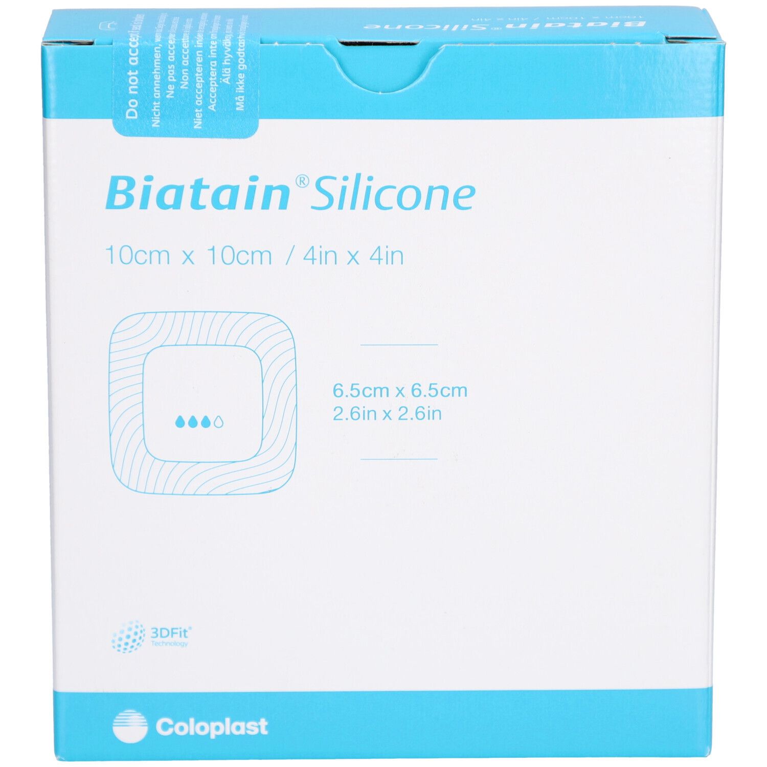 Biatain® Silicone Verpackung. Quadratisch, 10 cm x 10 cm. Produktname und Marke deutlich sichtbar. Blaue und weiße Farbgebung.