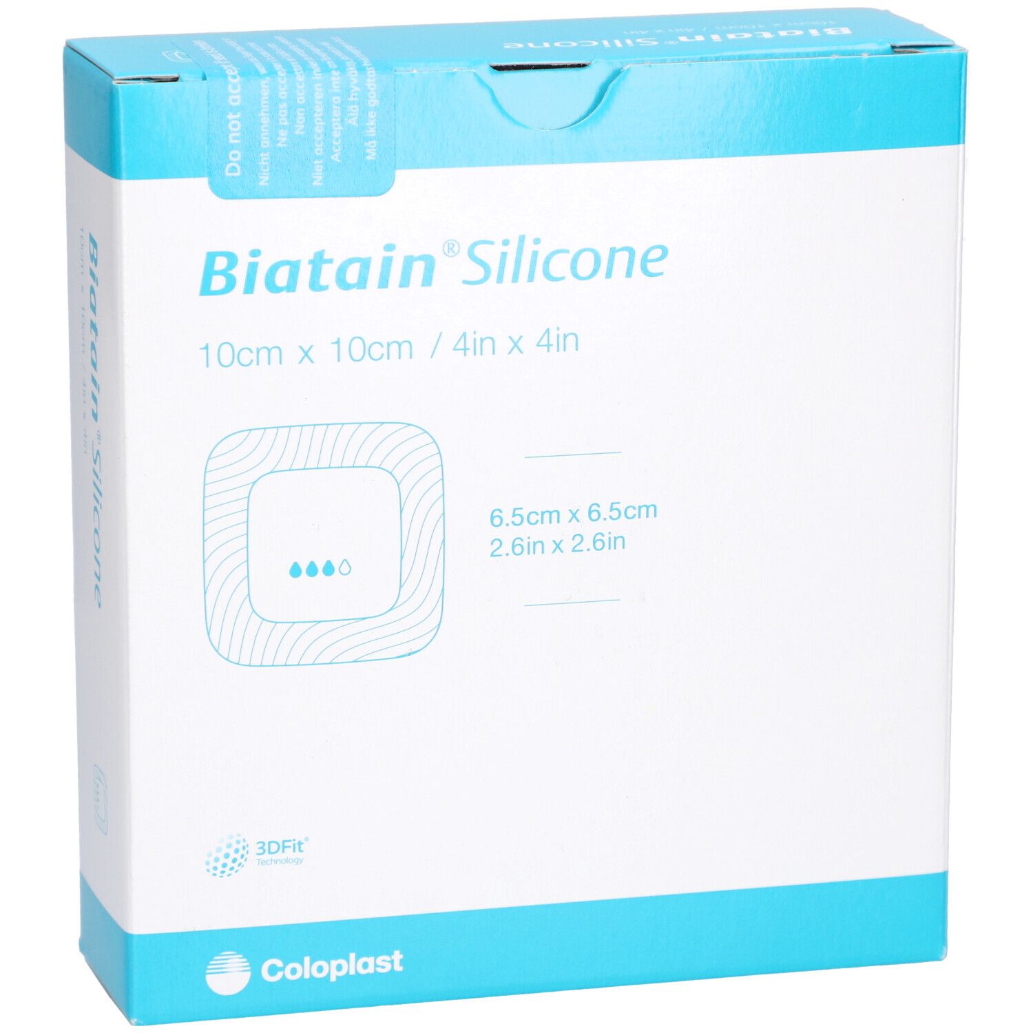 Biatain® Silicone Verpackung. Quadratisch, 10 cm x 10 cm. Produktname und Marke deutlich sichtbar. Blaue und weiße Farbgebung.
