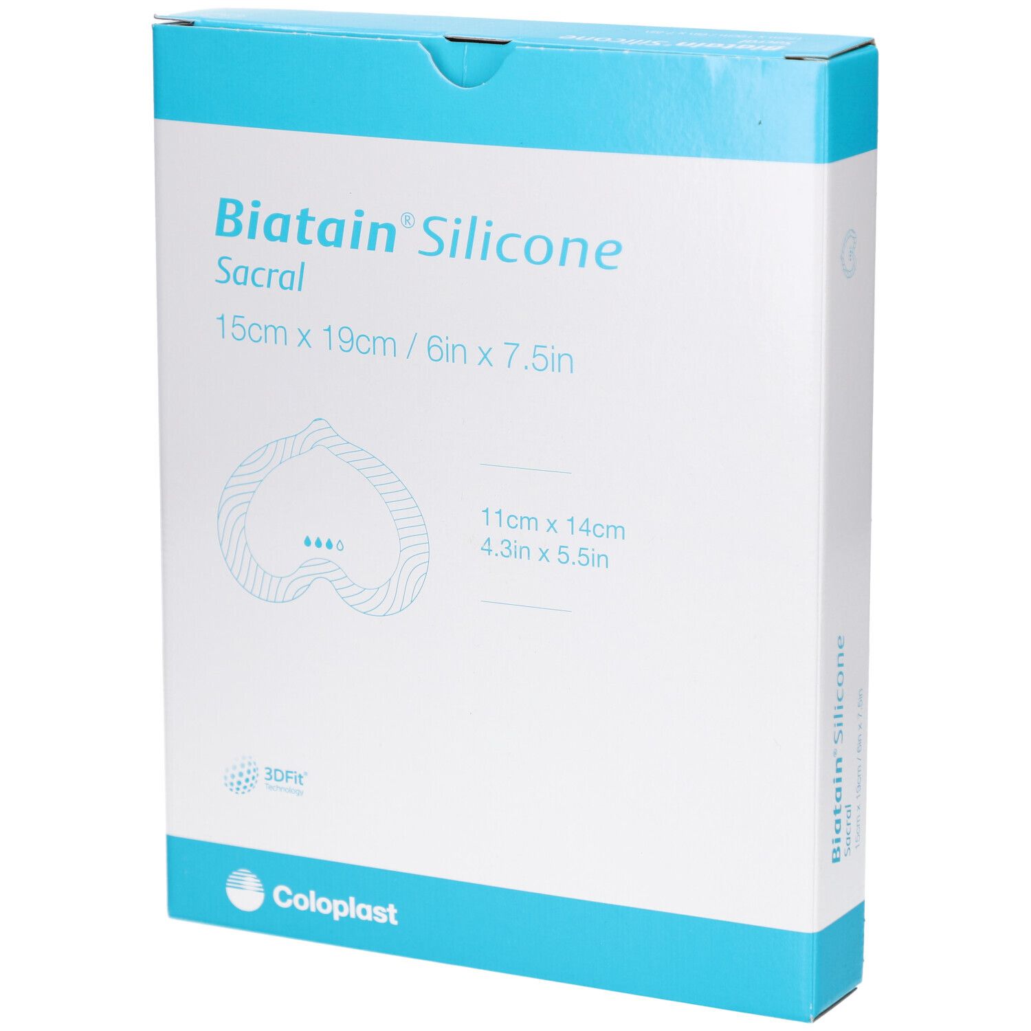 Verpackung von Biatain® Silicone Sacral, 15cm x 19cm. Weißer Karton mit blauer Schrift und Logo. Zeigt Produktabbildung.