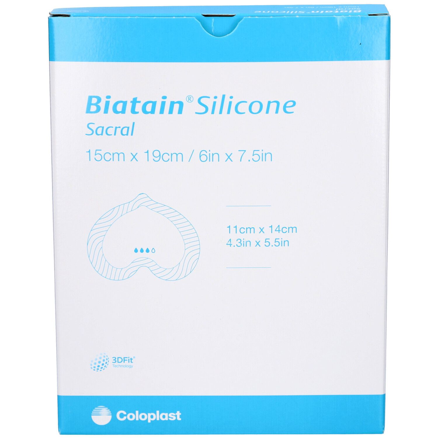 Vorderseite der Biatain® Silicone Sacral Verpackung. Weiße Box mit blauer Schrift und Produktabbildung.