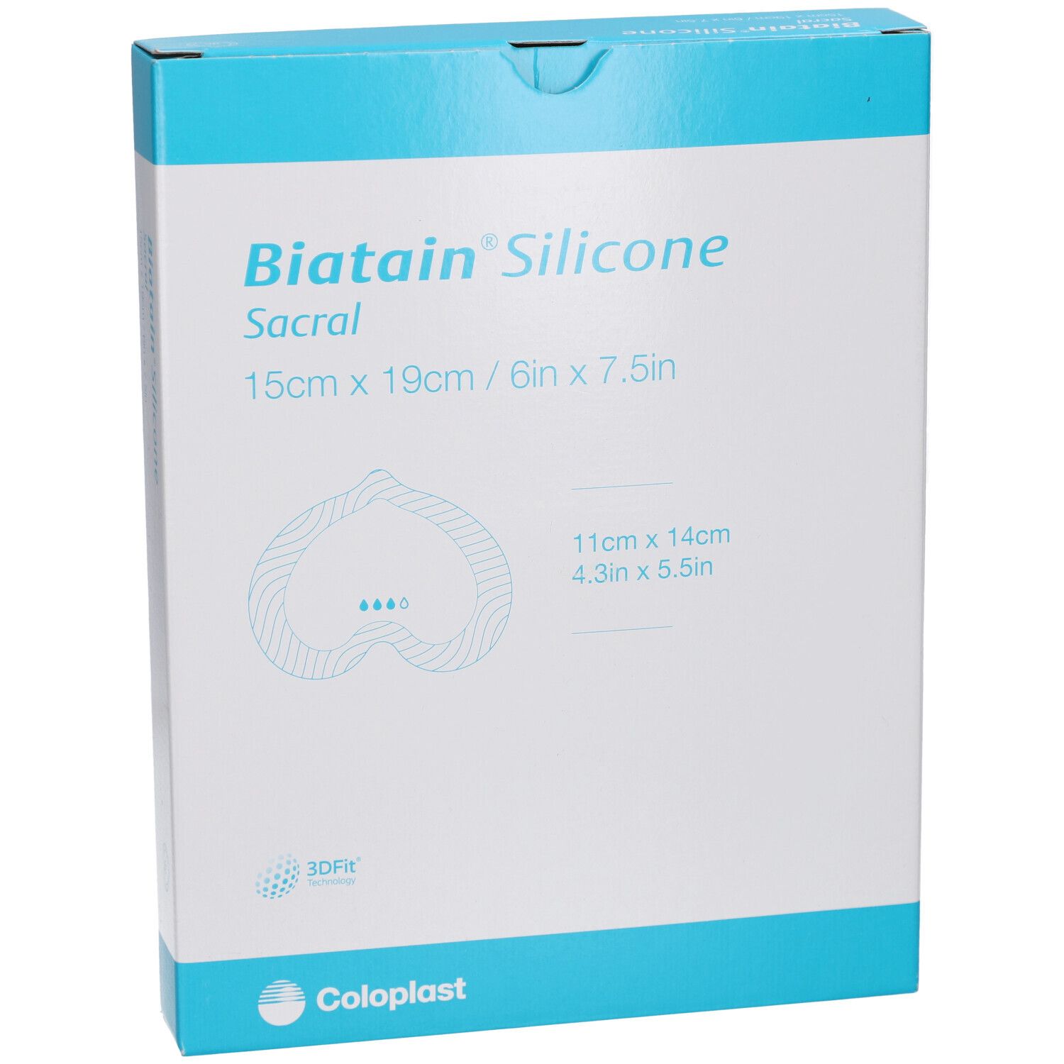 Vorderseite der Biatain® Silicone Sacral Verpackung. Weiße Box mit blauer Schrift und Produktabbildung.