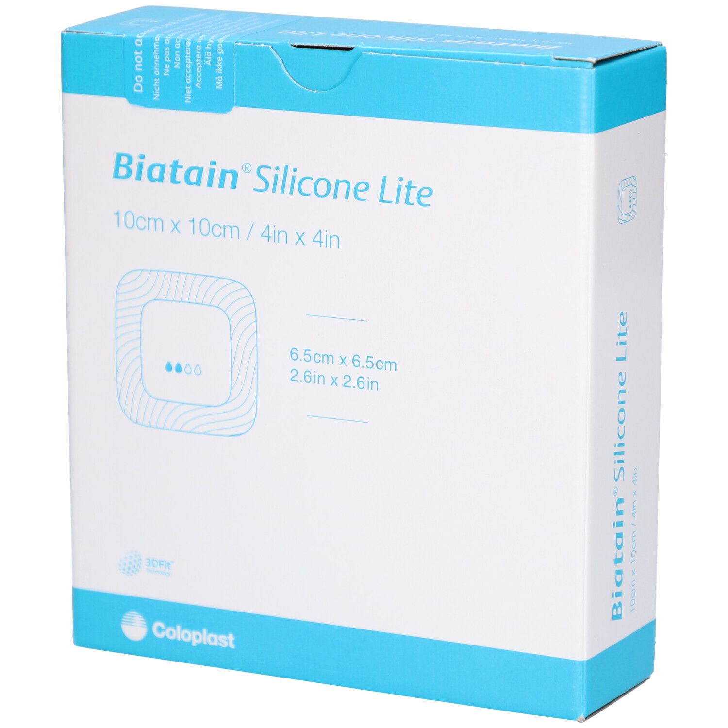 Biatain Silicone Lite Schaumverband-Verpackung. 10x10cm. Quadratische Form mit Produktabbildung. Coloplast-Logo.