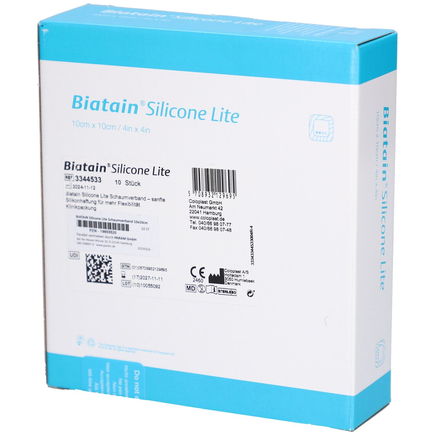 Biatain Silicone Lite Verpackung, Rückseite. Produktinformationen, Barcode, CE-Kennzeichnung. 10 Stück.