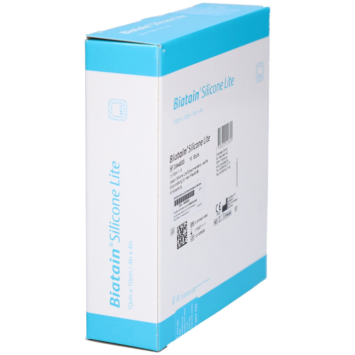 Biatain Silicone Lite Verpackung, Seitenansicht. Produktname, Größe, CE-Kennzeichnung. 10 Stück.