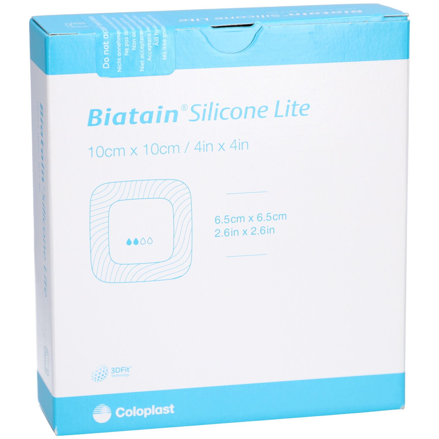 Biatain Silicone Lite Schaumverband-Verpackung. 10x10cm. Quadratische Form mit Produktabbildung. Coloplast-Logo.