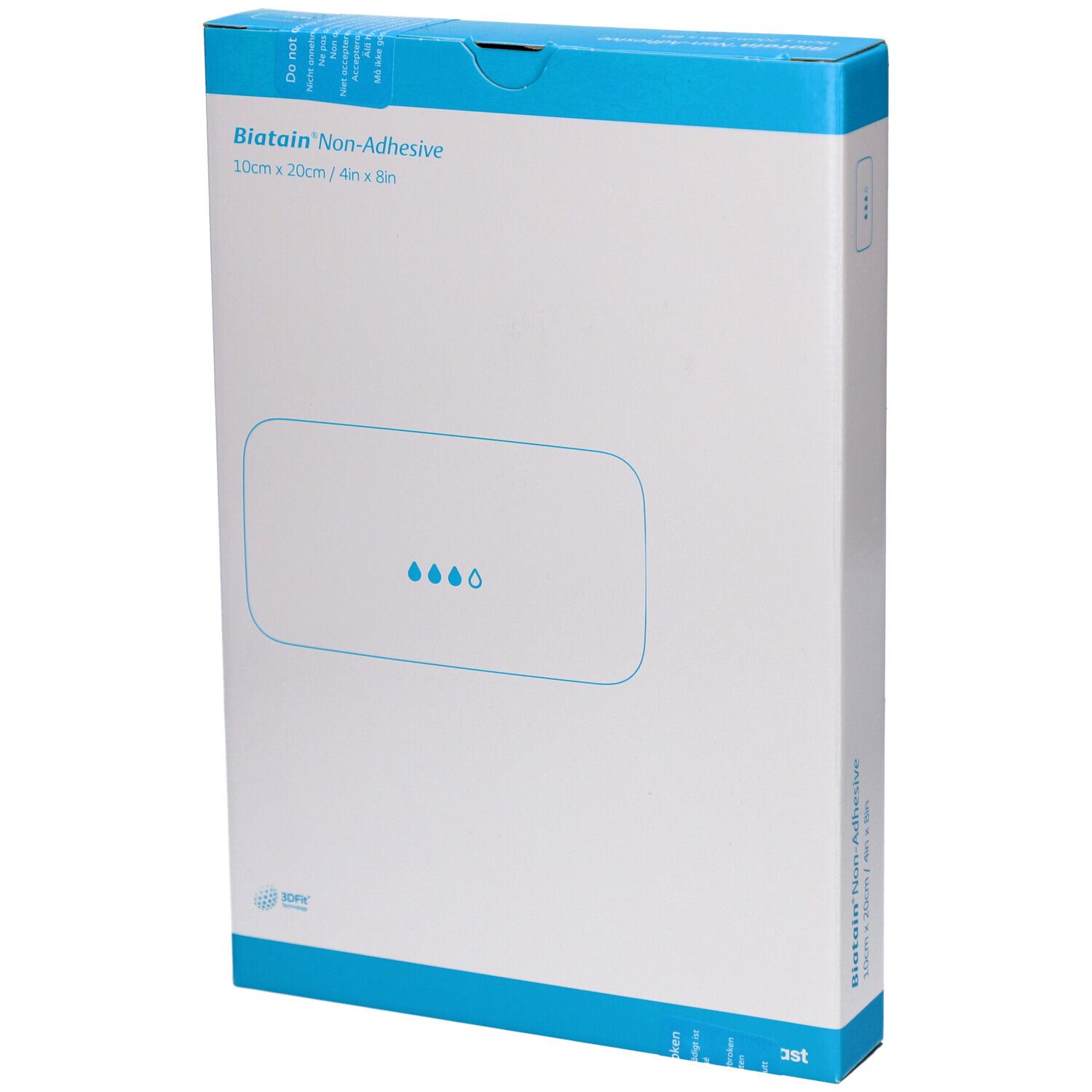 Verpackung von Biatain® Non-Adhesive Schaumverband. Weißer Karton mit blauen Akzenten. Produktname und Maße sind aufgedruckt.