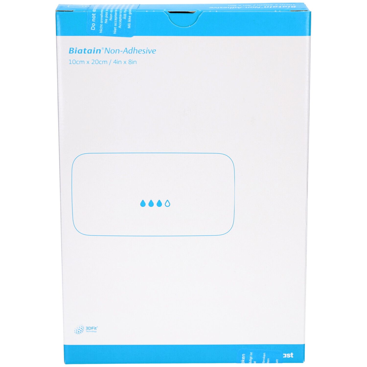 Vorderseite der Verpackung von Biatain® Non-Adhesive Schaumverband. Weißer Karton mit blauen Akzenten. Produktname und Maße.