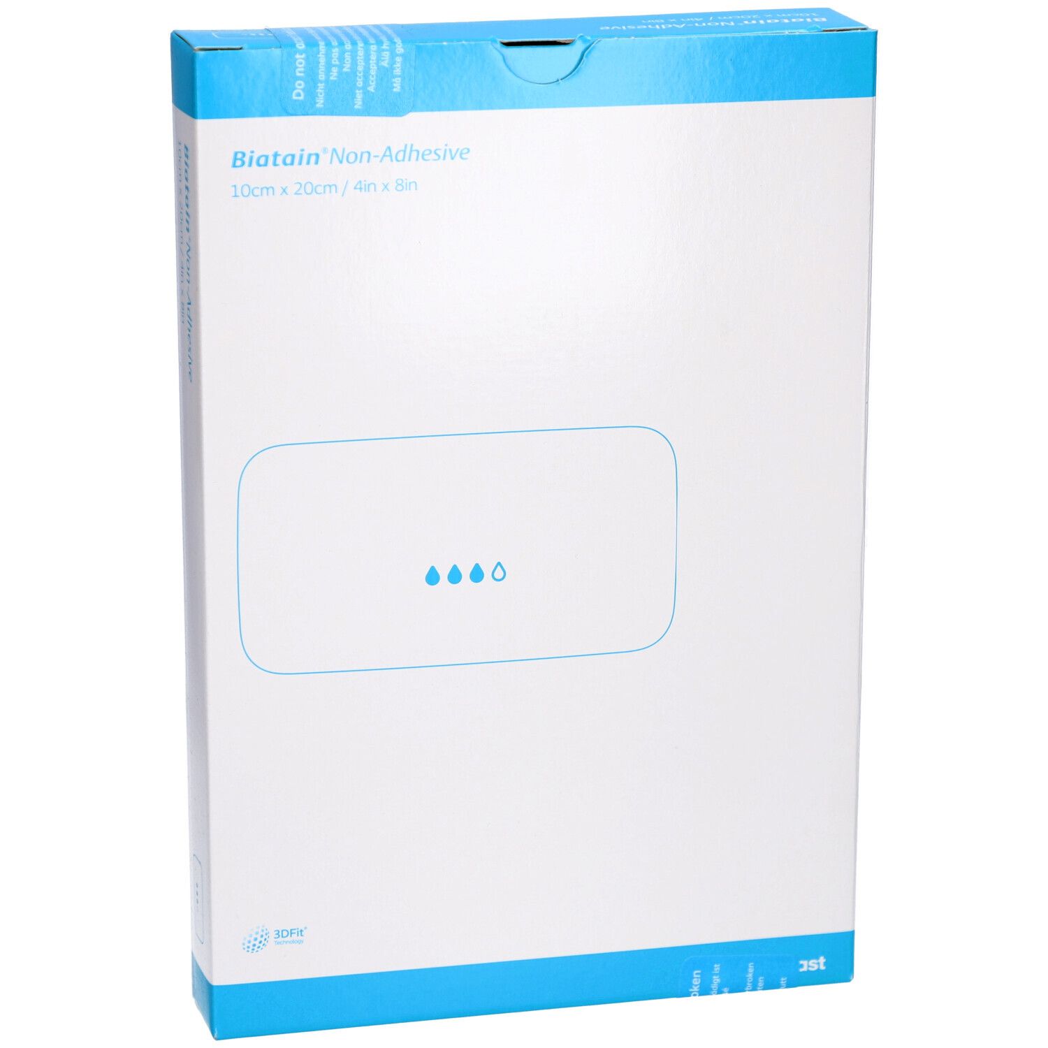 Vorderseite der Verpackung von Biatain® Non-Adhesive Schaumverband. Weißer Karton mit blauen Akzenten. Produktname und Maße.
