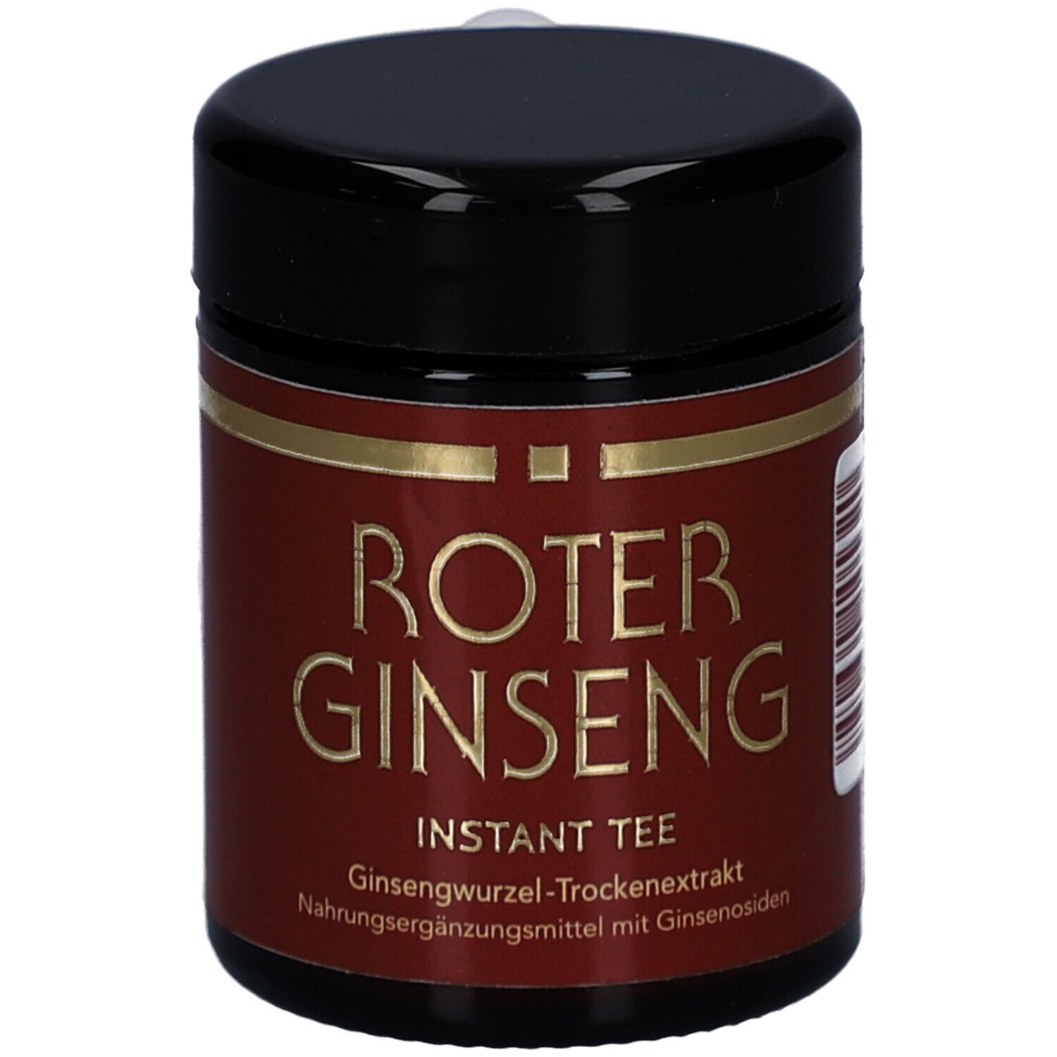 Braune Dose mit schwarzem Deckel. Aufschrift: ROTER GINSENG, INSTANT TEE. Goldfarbene Schrift auf rotem Hintergrund.